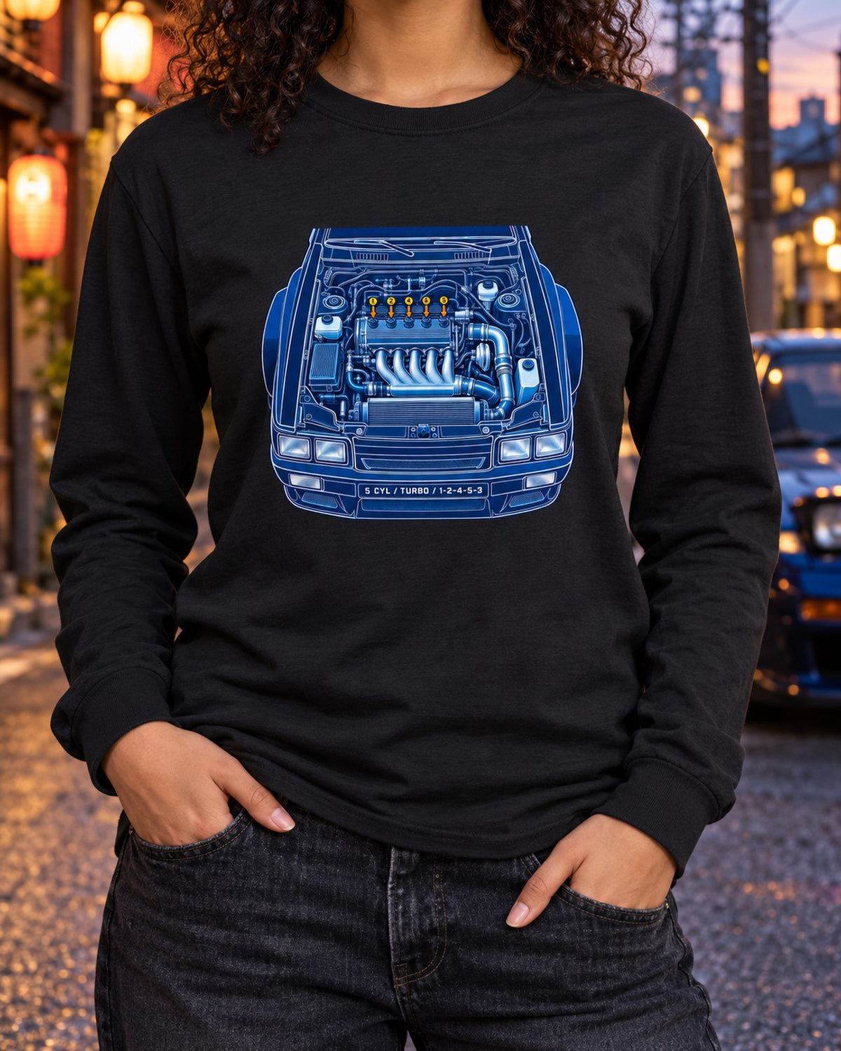 Audi Ur-Quattro Type 85 Cyanotype Blueprint Shirt, 1-2-4-5-3 Long Sleeve Black worn hero