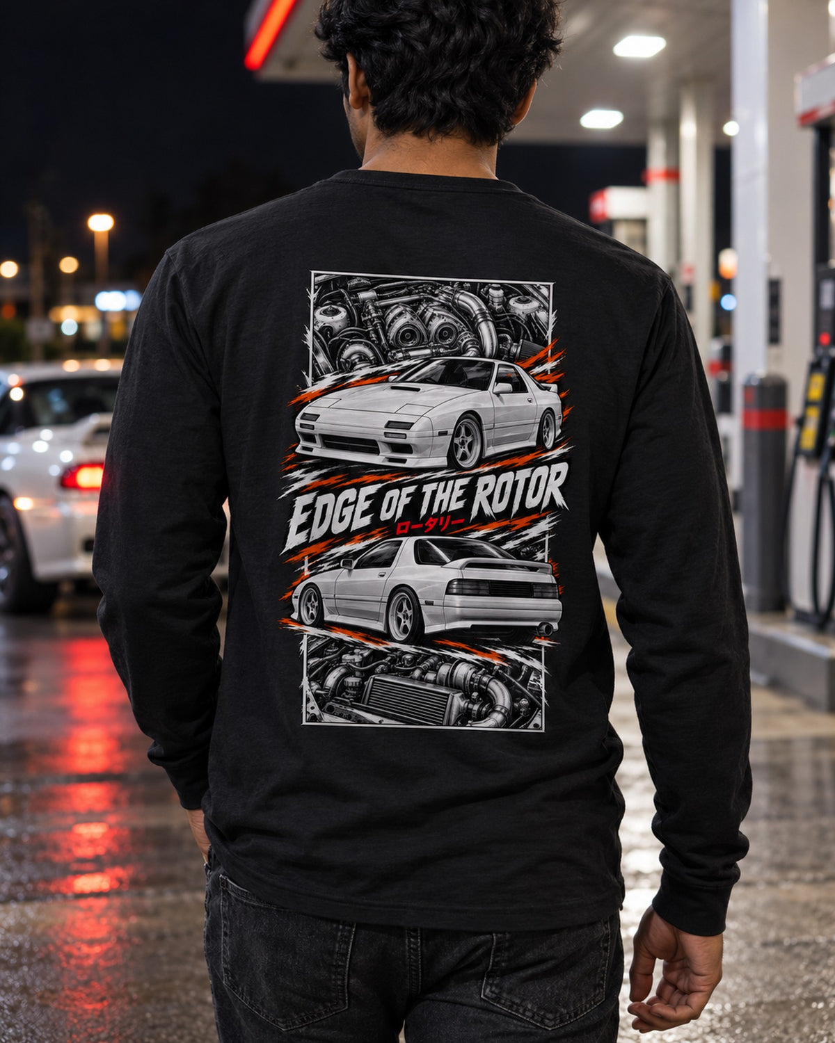 Mazda RX-7 Fc3S Torn Poster Full-Back Graphic Tee Long Sleeve Black worn hero