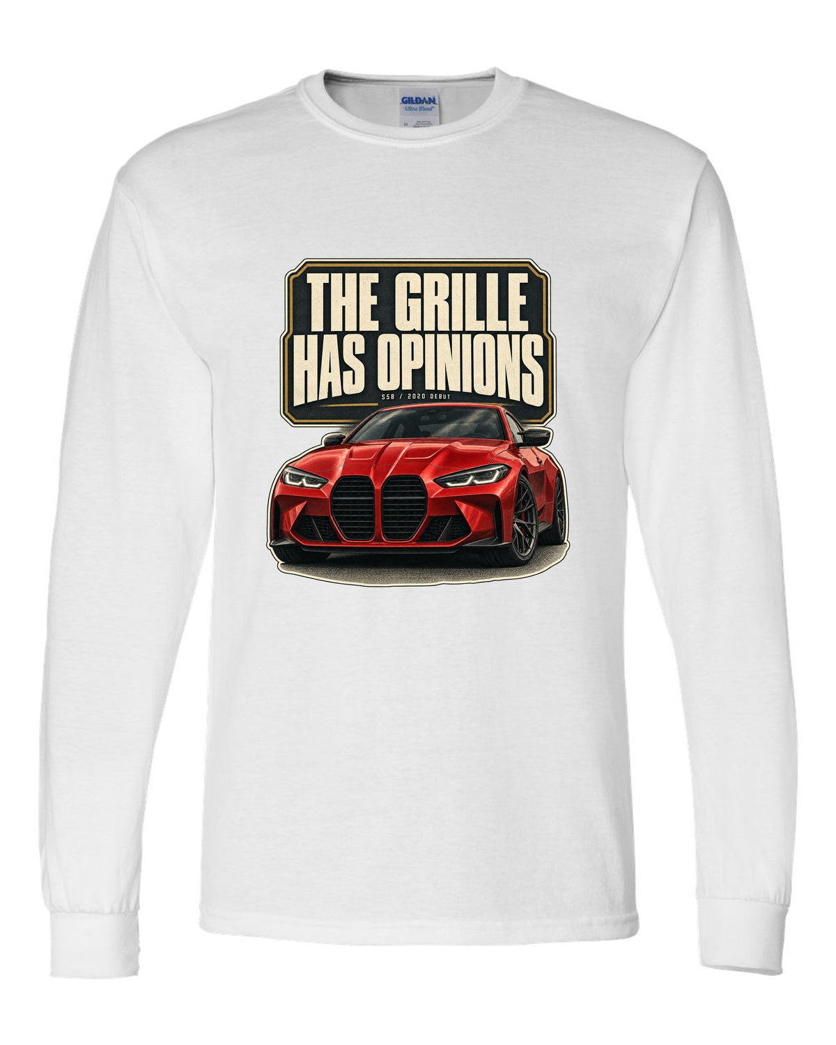 BMW M4 Competition G82 editorial headline print about the grille white long sleeve front view with the design