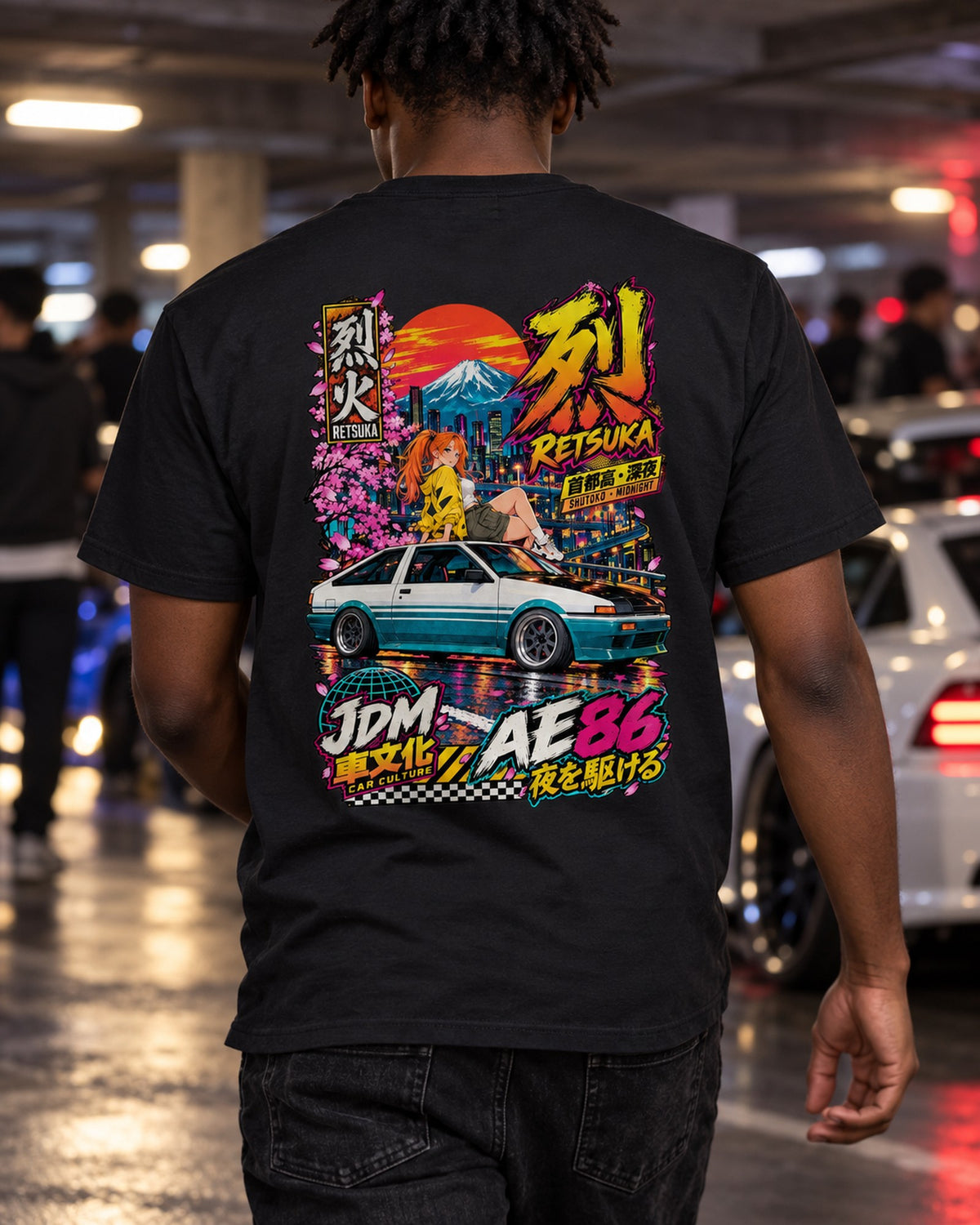 RETSUKA AE86 Anime Girl Full-Back Graphic Tee T-Shirt Black worn hero