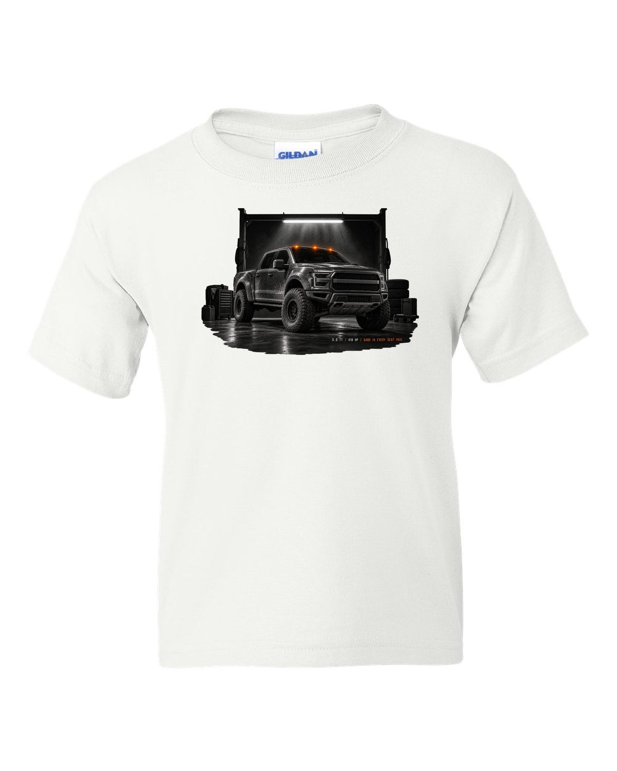 Ford Bronco Raptor 2022 U725 garage night print with 3.0 TT and 418 HP text white kids tee front view with the design