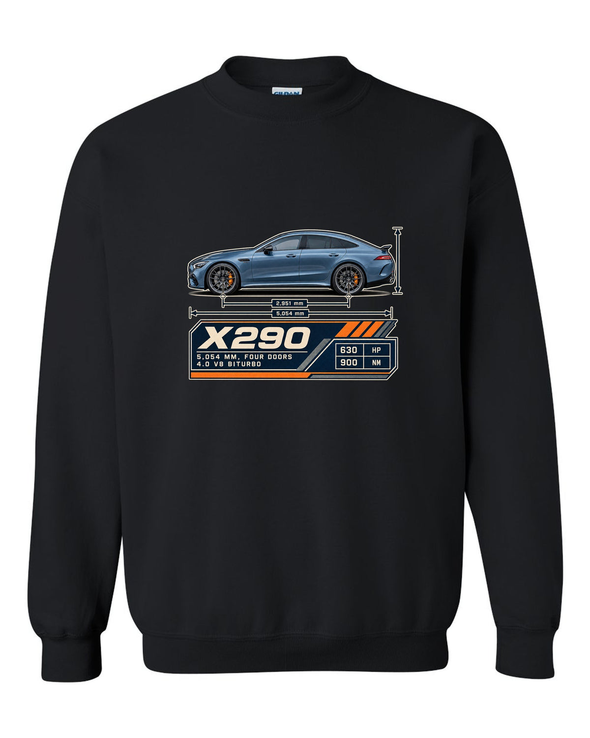 Mercedes-AMG GT 63 S 4-Door X290 steel blue blueprint print black crewneck front view with the design