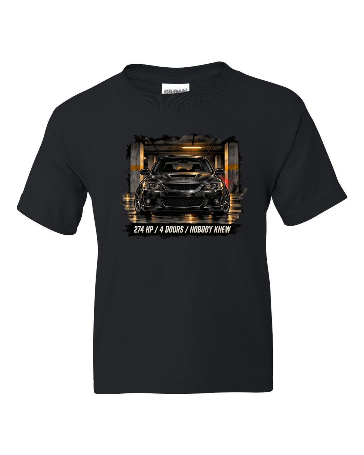 Noir ink wash illustration of a Mazdaspeed6 GG in a garage with 274 HP / 4 DOORS lettering black kids tee front view with the design