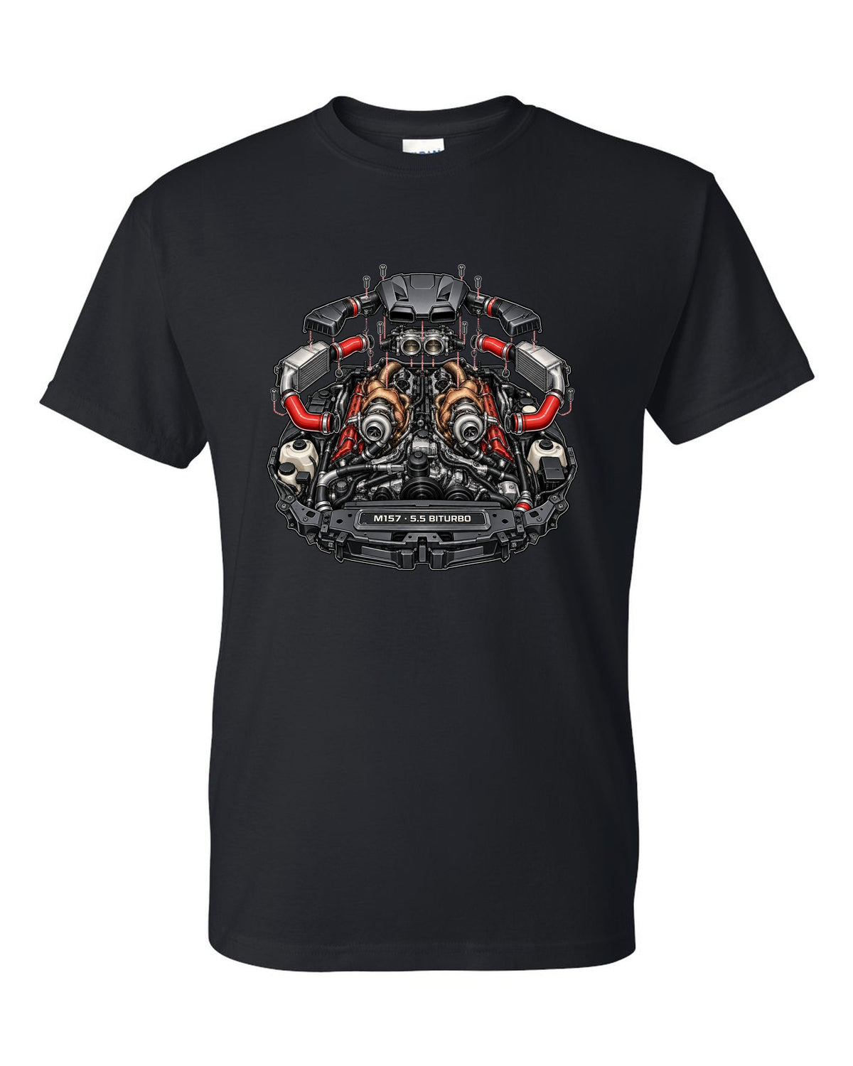 Hand-painted anime mountain road with a Mercedes E63 AMG Wagon S213 drifting black t-shirt front view with the design