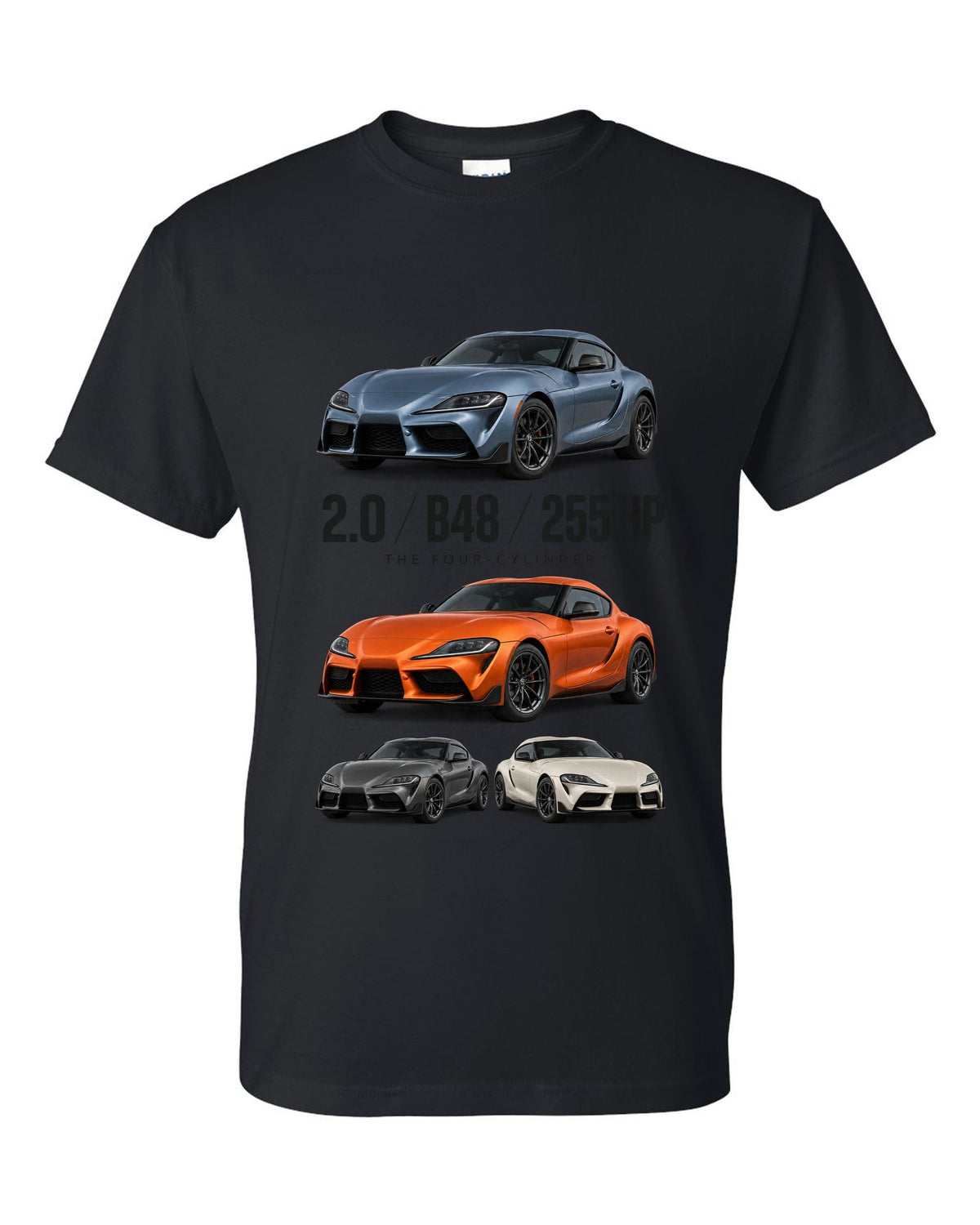 Steel blue Toyota GR Supra 2.0 spec poster with B48 and 255 HP text black t-shirt front view with the design