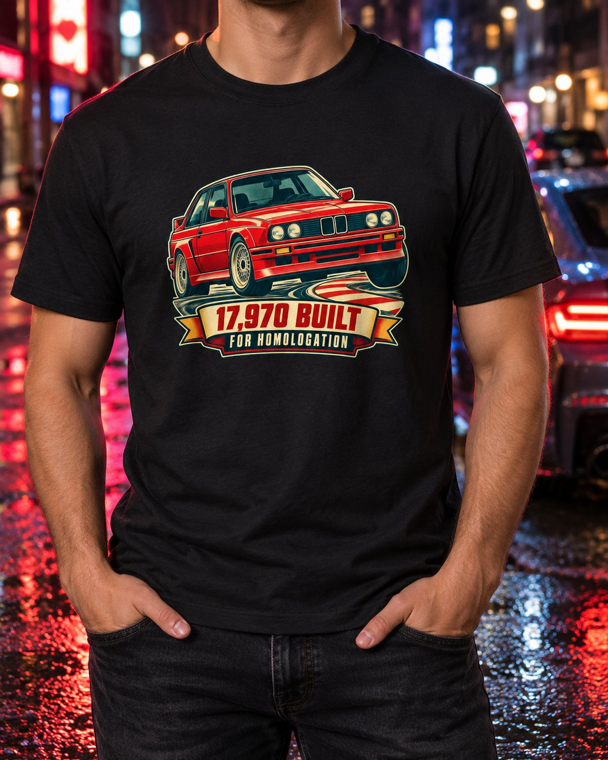 BMW E30 M3 Homologation Vintage Race Poster Shirt T-Shirt Black worn hero