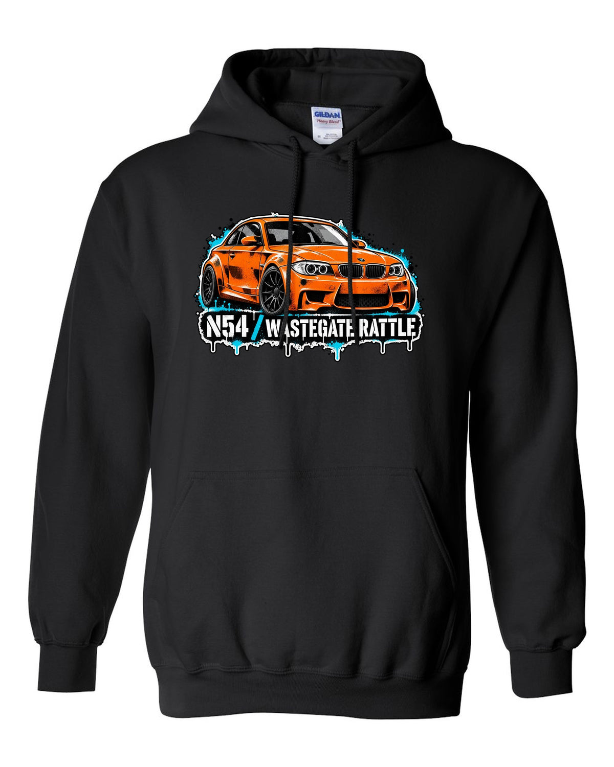 Embroidery-style varsity crest print of a BMW M1 E26 with louvre rear text black pull over hoodie front view with the design