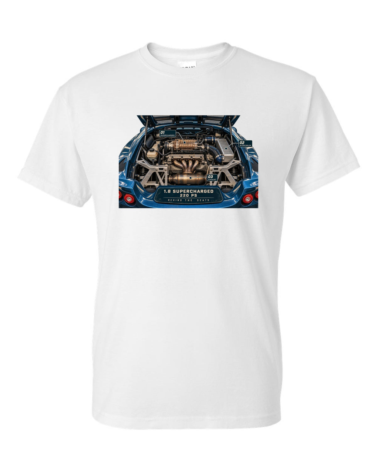 Lotus Exige S 2004 to 2011 supercharged four engine bay print with 1.8 supercharged 220 PS text white t-shirt front view with the design