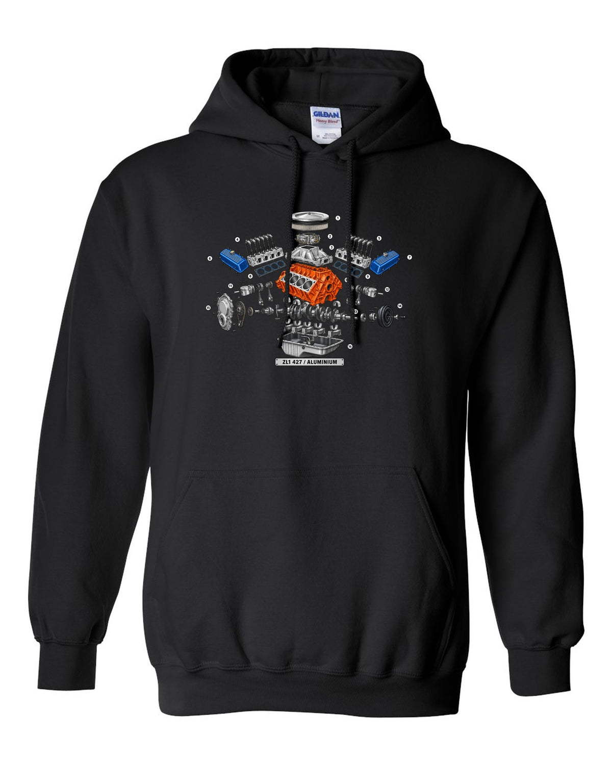 Isometric exploded diagram with numbered callouts of the 1969 Chevrolet Camaro ZL1 427 aluminum engine black pull over hoodie front view with the design