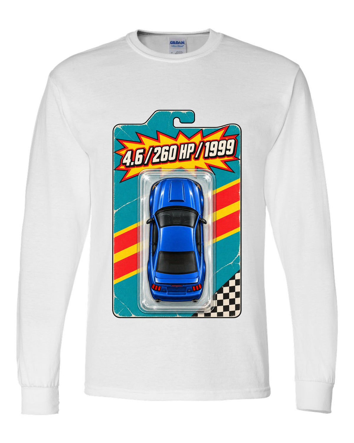 Toy blister card layout of a 1999-2004 New Edge Ford Mustang coupe with 4.6 260 HP text white long sleeve front view with the design