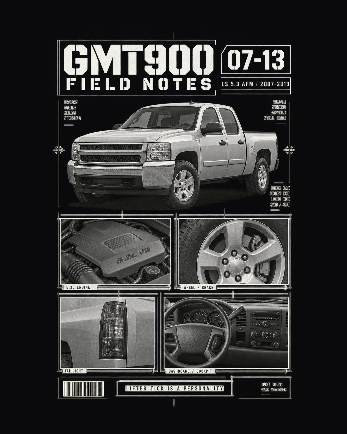 GMT900 Silverado Field Notes Tee, LS 5.3 AFM Lifter Tick design only