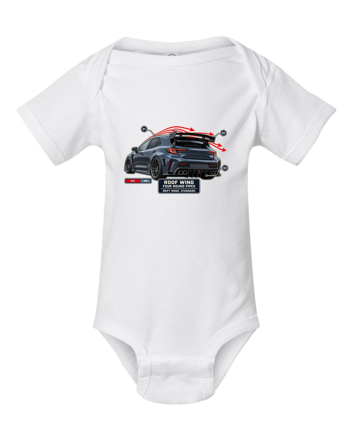 Mercedes-AMG A45 S W177 rear three-quarter with aero callout labels print white baby onesie front view with the design