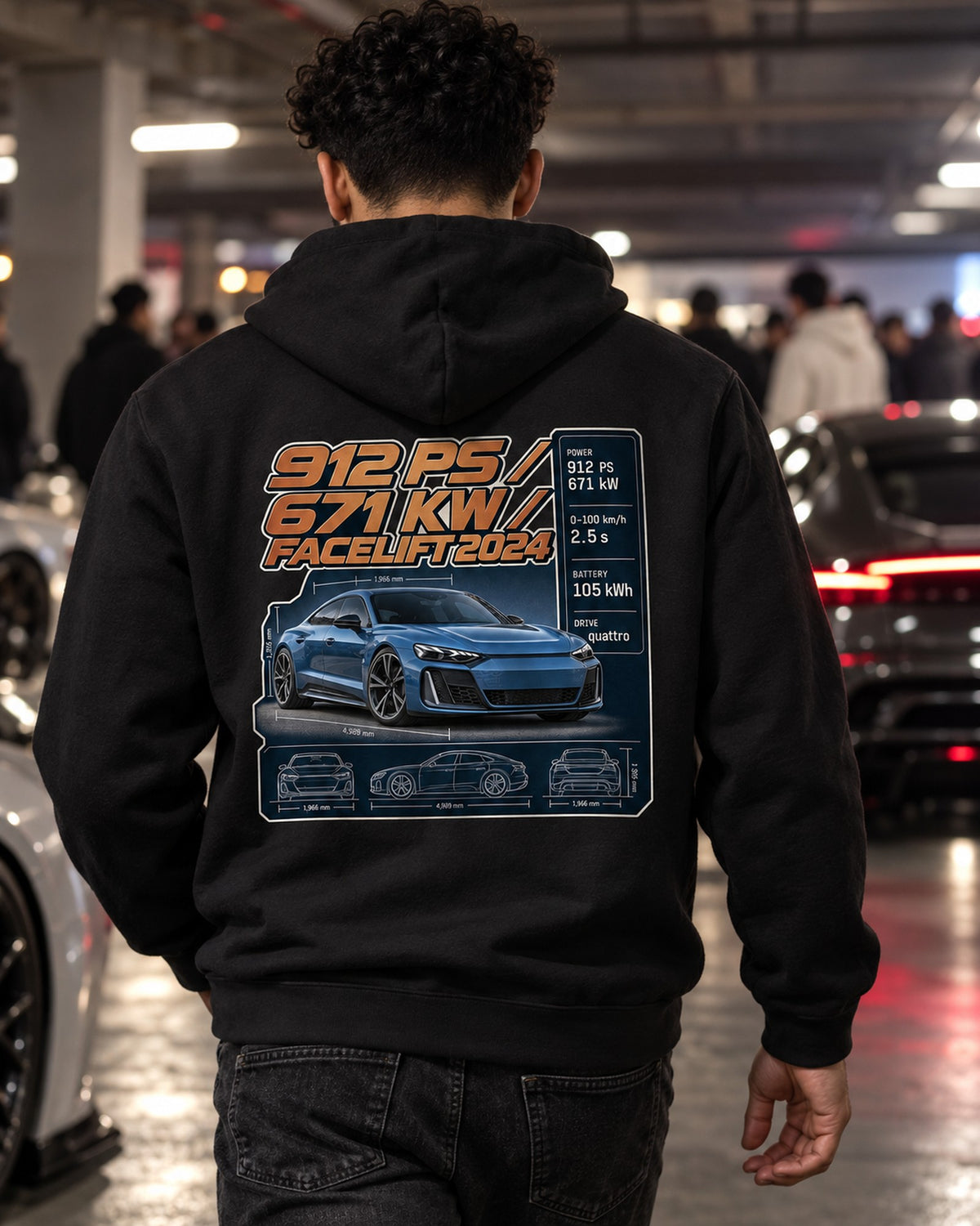 Audi RS e-tron GT Performance Facelift Spec Poster Tee, 912 PS Zip Hoodie Black worn hero