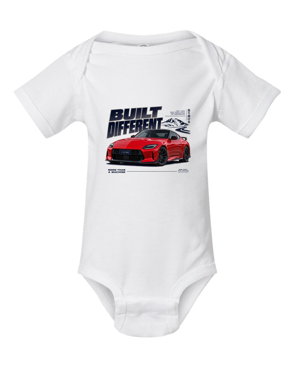 Dossier panels for a 2024 Nissan Z NISMO RZ34 in graphite and rust white baby onesie front view with the design