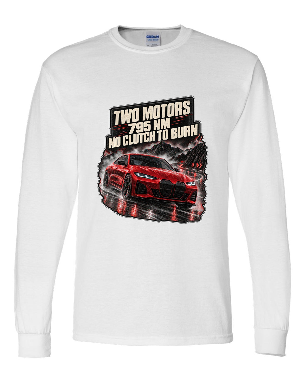Night touge road print of a BMW i4 M50 G26 with two motors and 795 Nm white long sleeve front view with the design