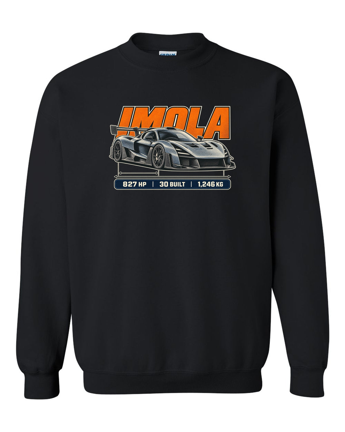 Halftone print of the Pagani Huayra Imola with the text Imola, 827 hp, 30 built, 1,246 kg black crewneck front view with the design