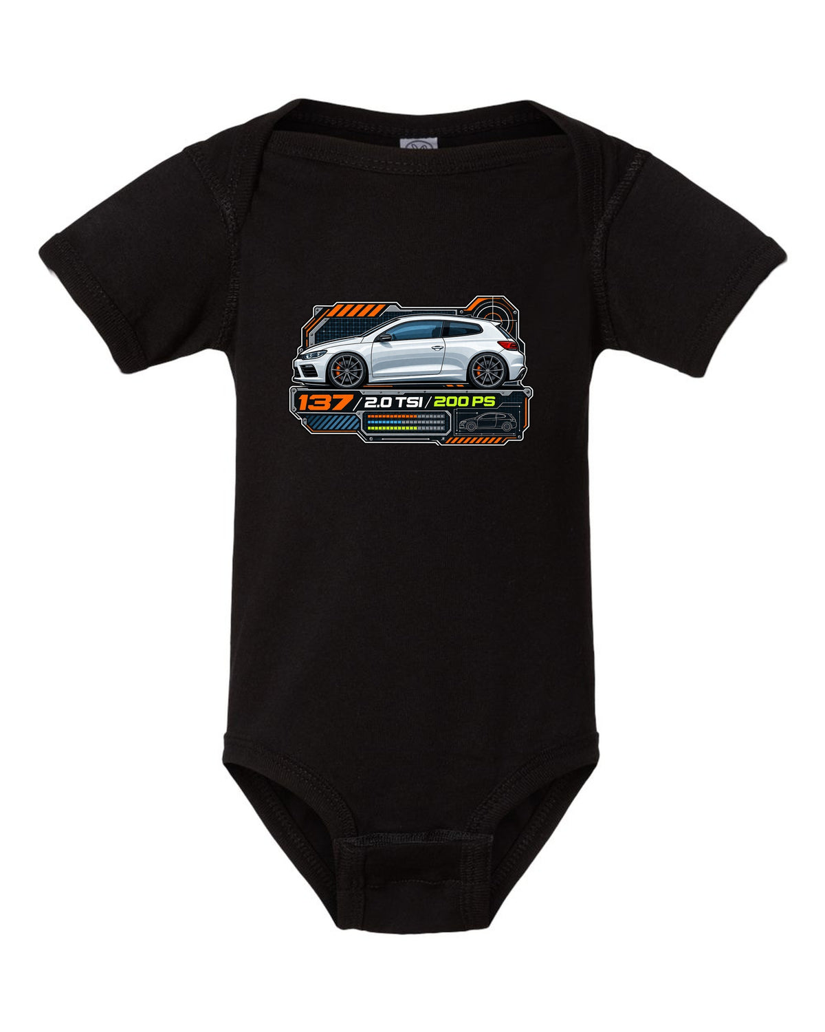 Spec-sheet data plate print of a VW Scirocco Mk3 with 137 2.0 TSI 200 PS text black baby onesie front view with the design
