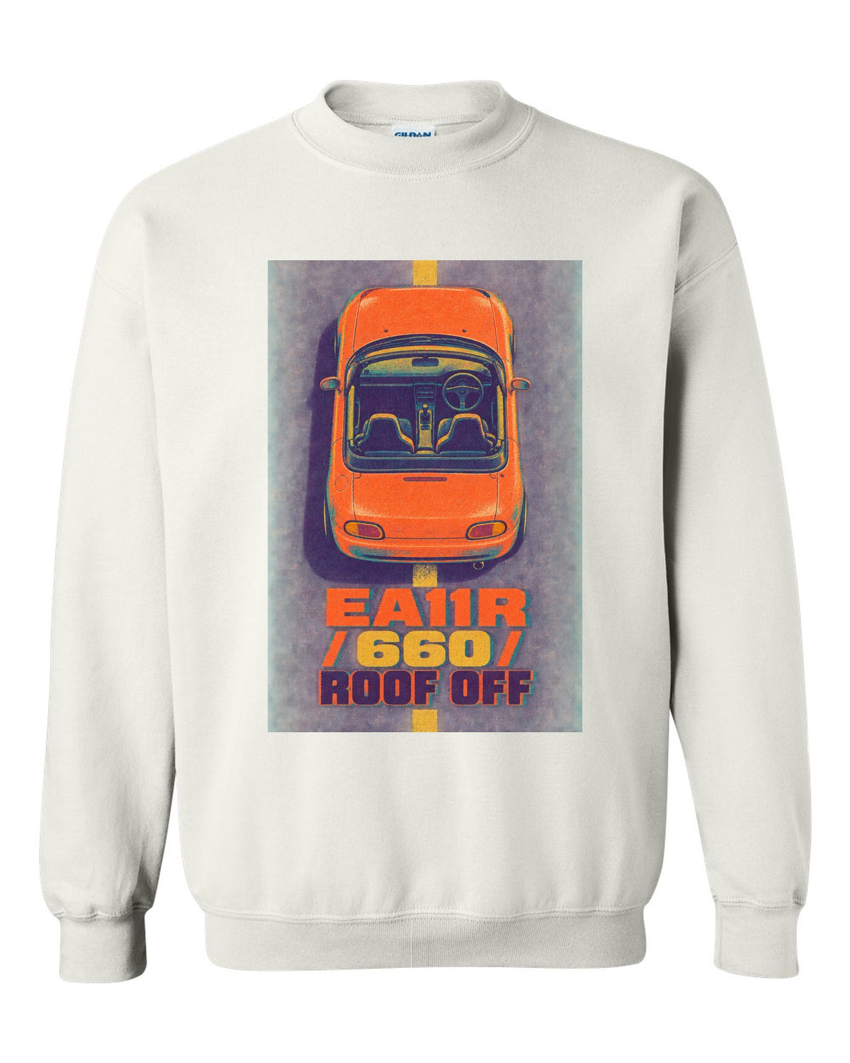 Risograph-style Suzuki Cappuccino EA11R with the text 660 and roof off white crewneck front view with the design