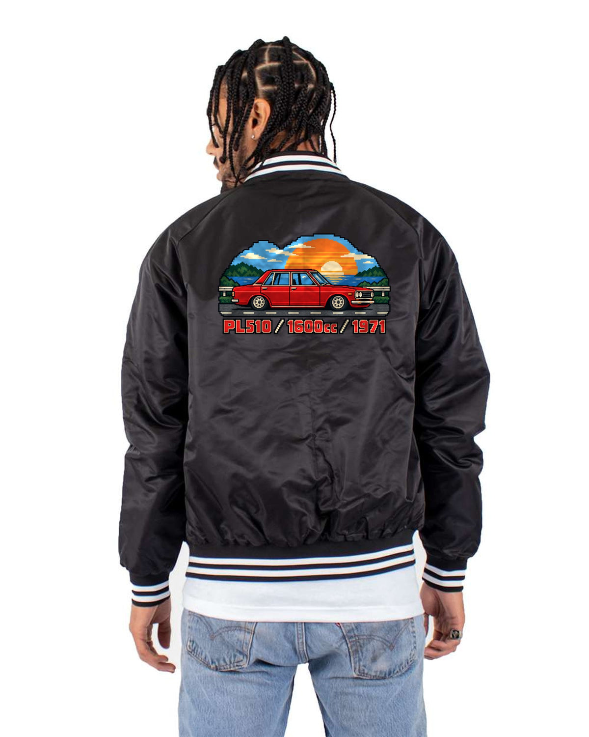 Datsun 510 PL510 Sedan 16-Bit Pixel Art Shirt, 1600cc Bomber Jacket Black back