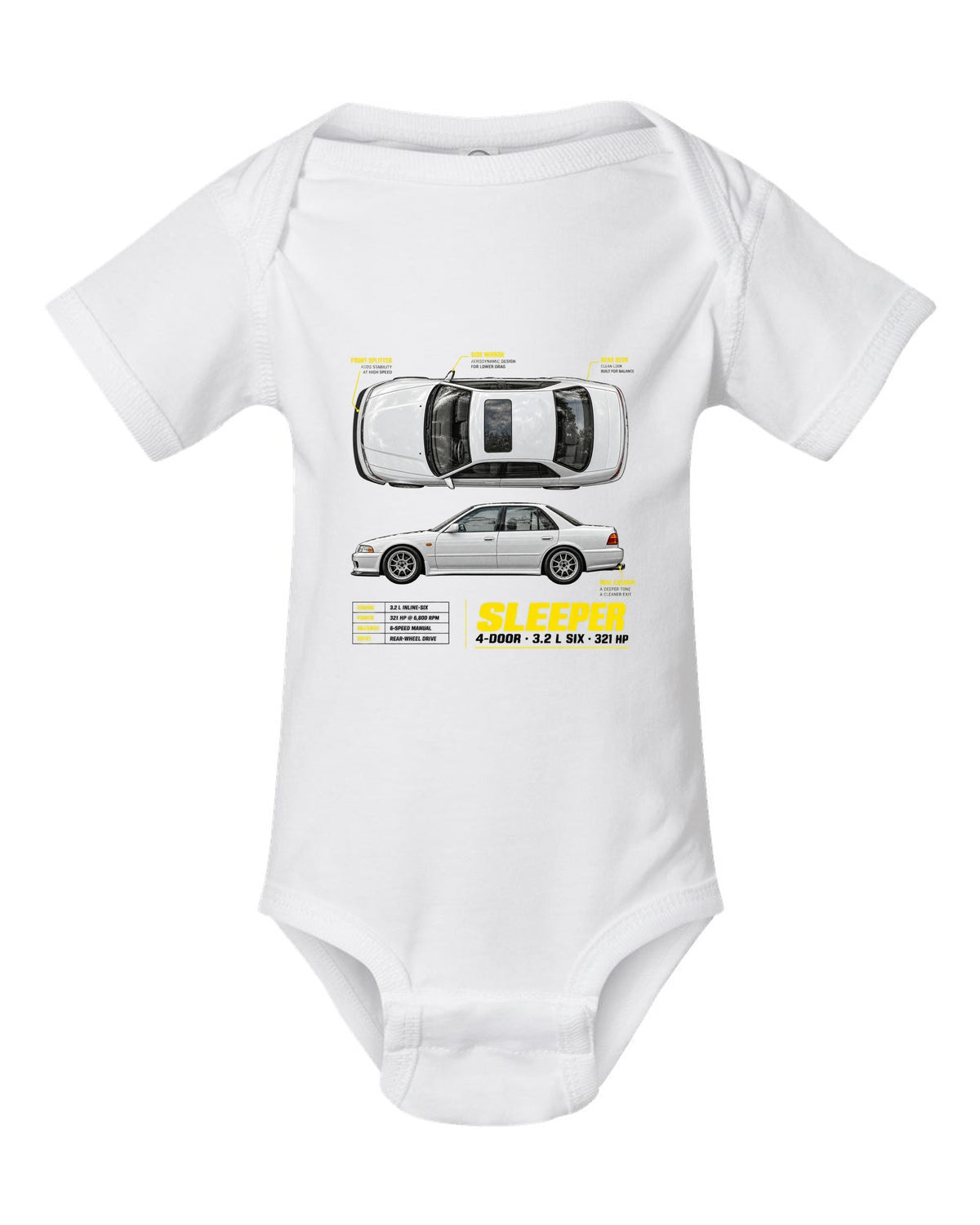 BMW E36 M3 sedan spec poster print with sleeper 4-door 3.2 L six and 321 HP text white baby onesie front view with the design