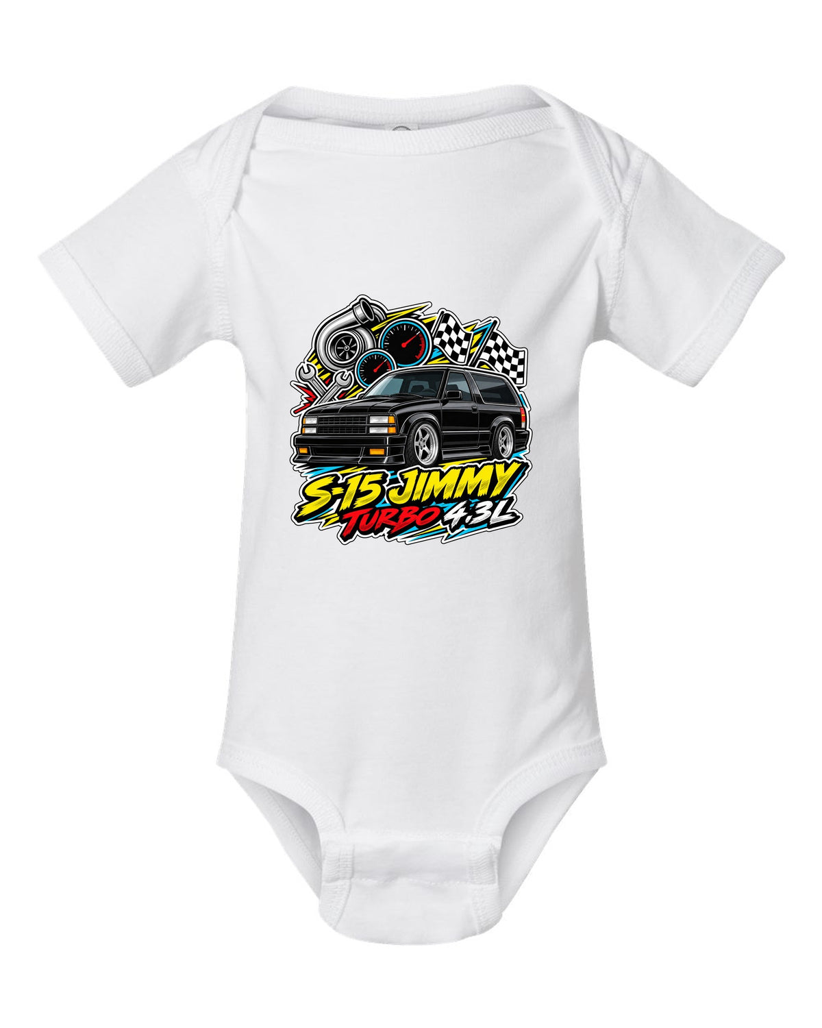 Sticker-bomb collage print of a 1992-93 GMC Typhoon with S-15 Jimmy Turbo 4.3L lettering white baby onesie front view with the design