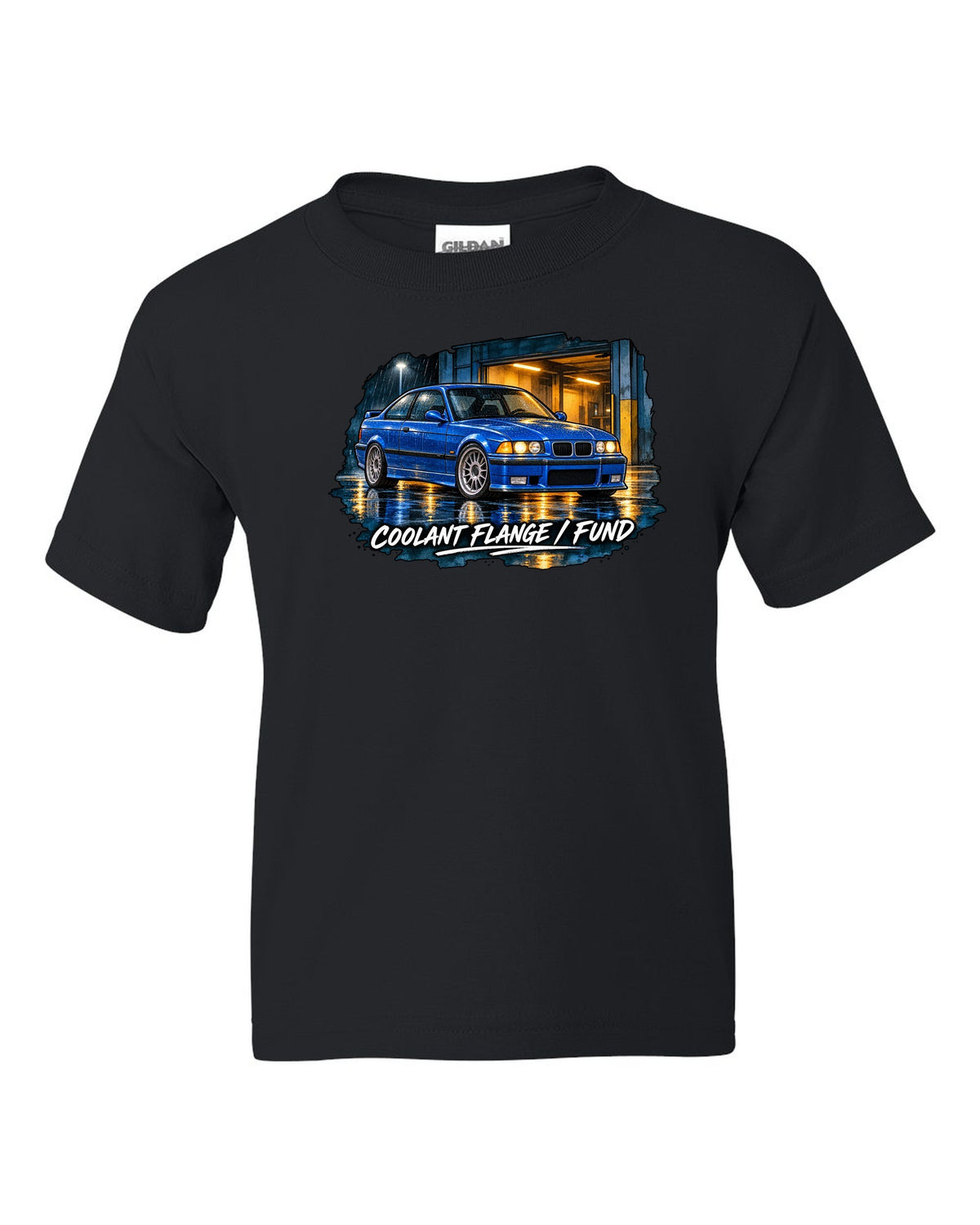 Comic halftone pop-art burnout of a BMW E36 M3 coupe with rear tyres subscription text black kids tee front view with the design