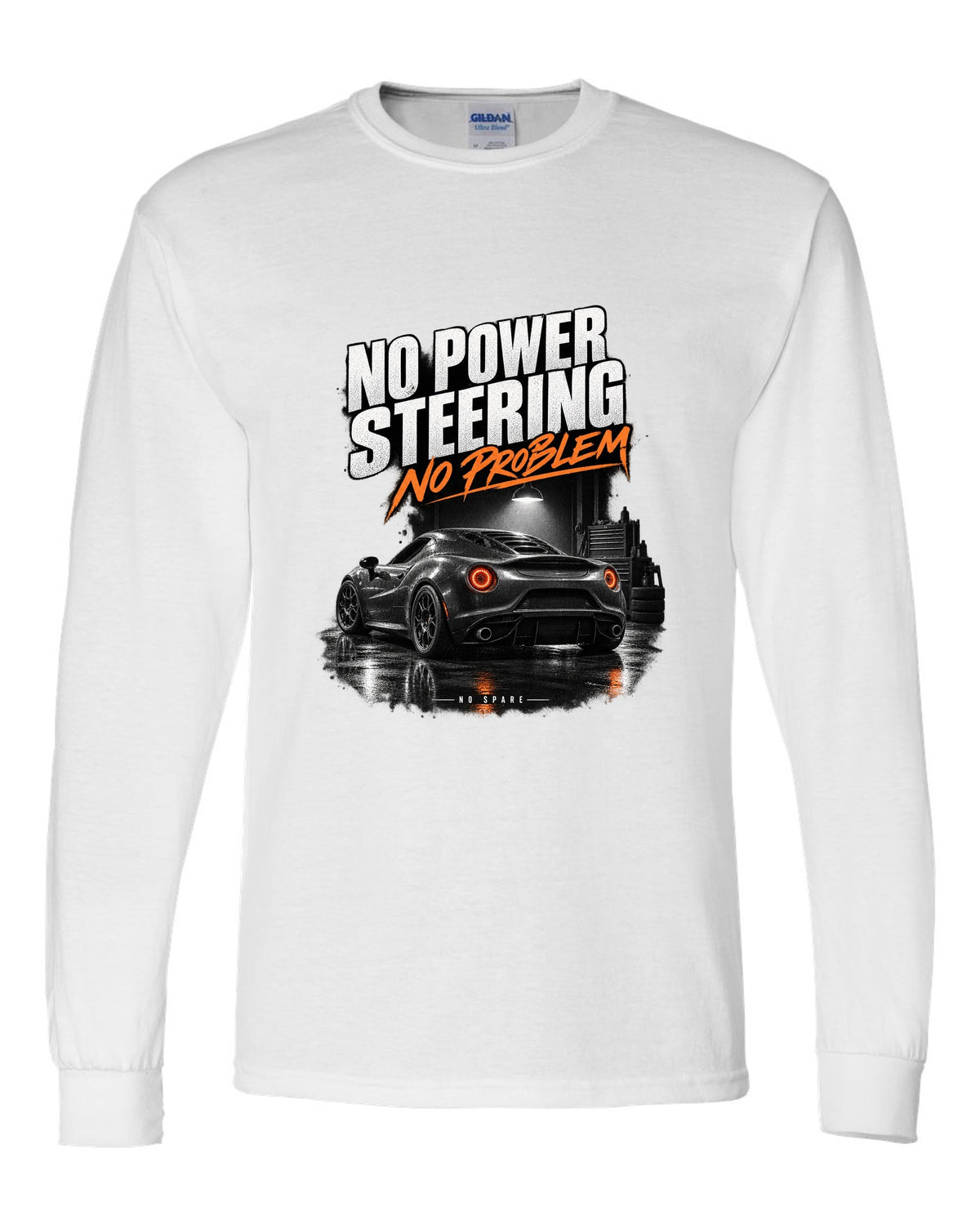 Garage night print of an Alfa Romeo 4C with no power steering no spare text white long sleeve front view with the design
