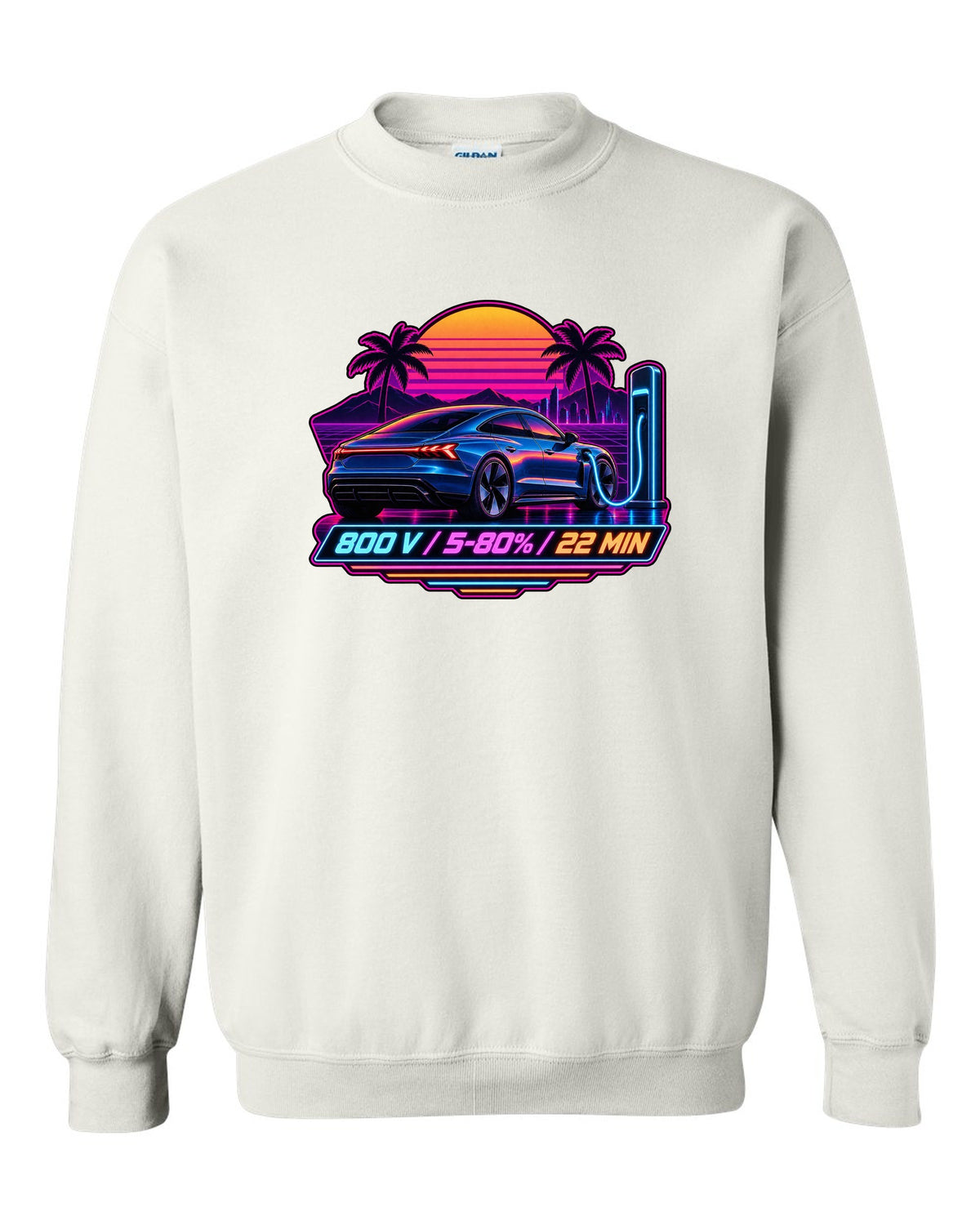 Outrun style print of an Audi e-tron GT with 800 V charging figures white crewneck front view with the design