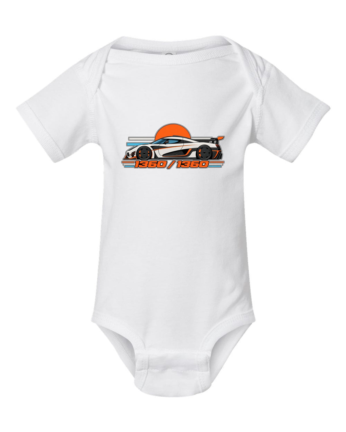 Minimal Swiss grid print for the Koenigsegg One:1 with 1360 over 1360 lettering white baby onesie front view with the design