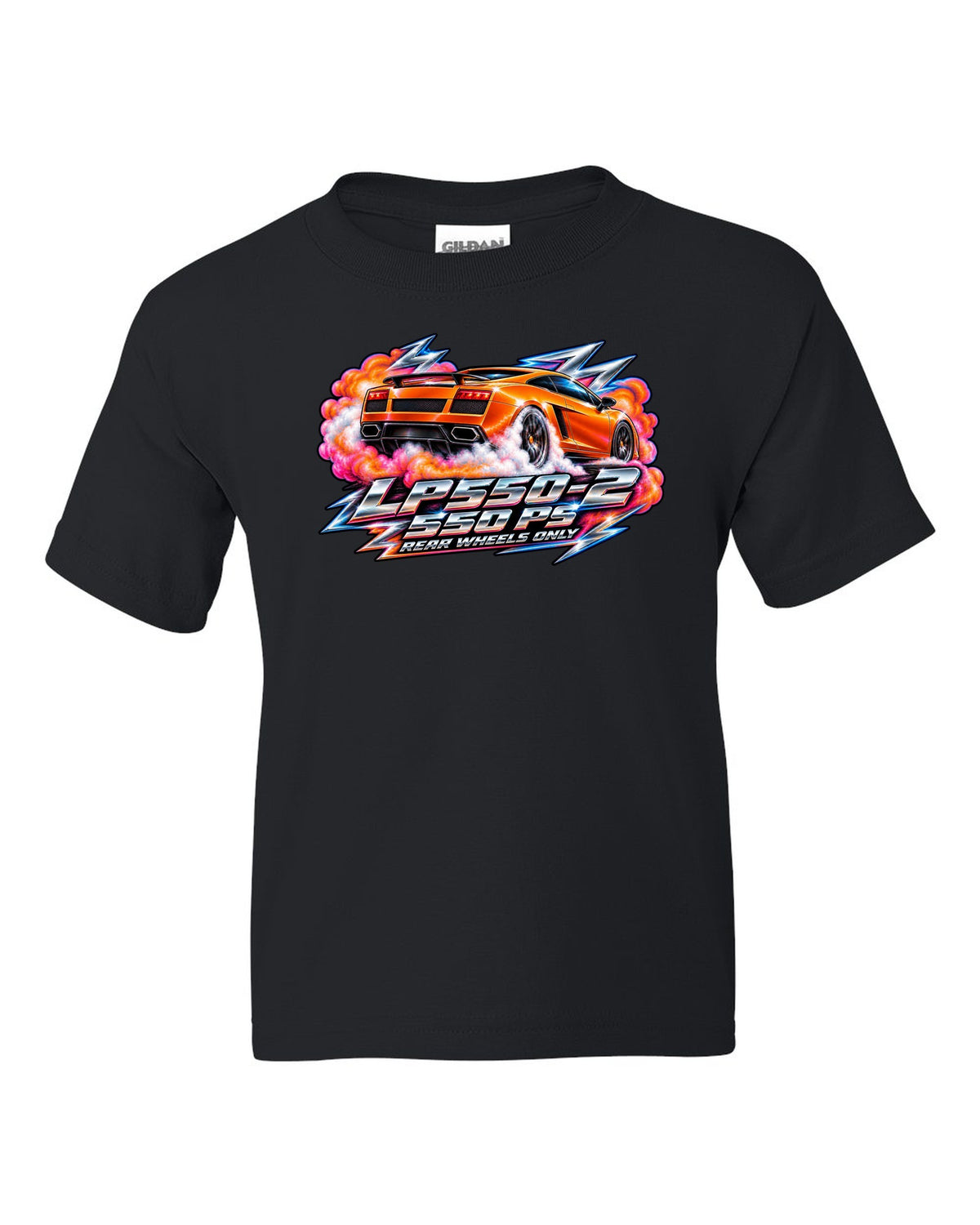 80s airbrush chrome design of a Lamborghini Gallardo LP550-2 with rear wheels only text black kids tee front view with the design