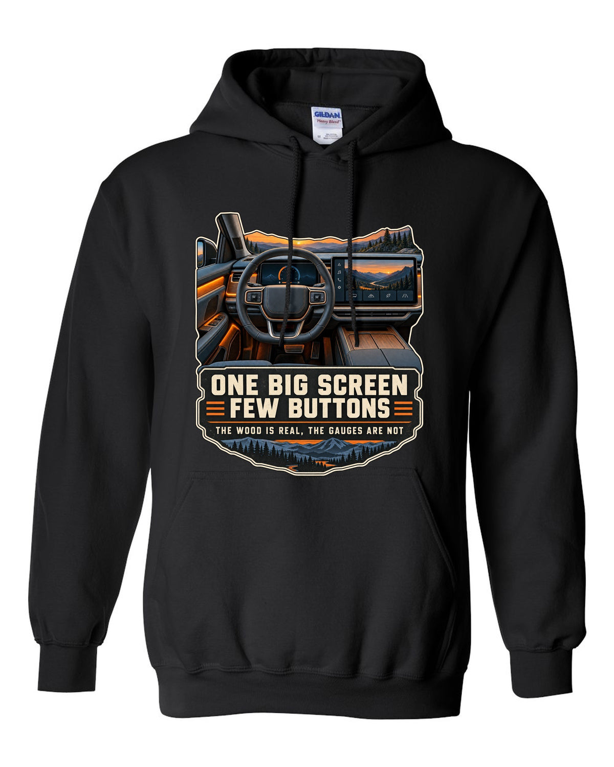 Cockpit and gauge print of a Rivian R1T interior with a large central screen black pull over hoodie front view with the design