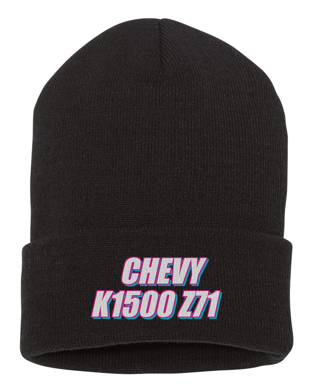 Chevy K1500 Z71 black beanie front view with car name