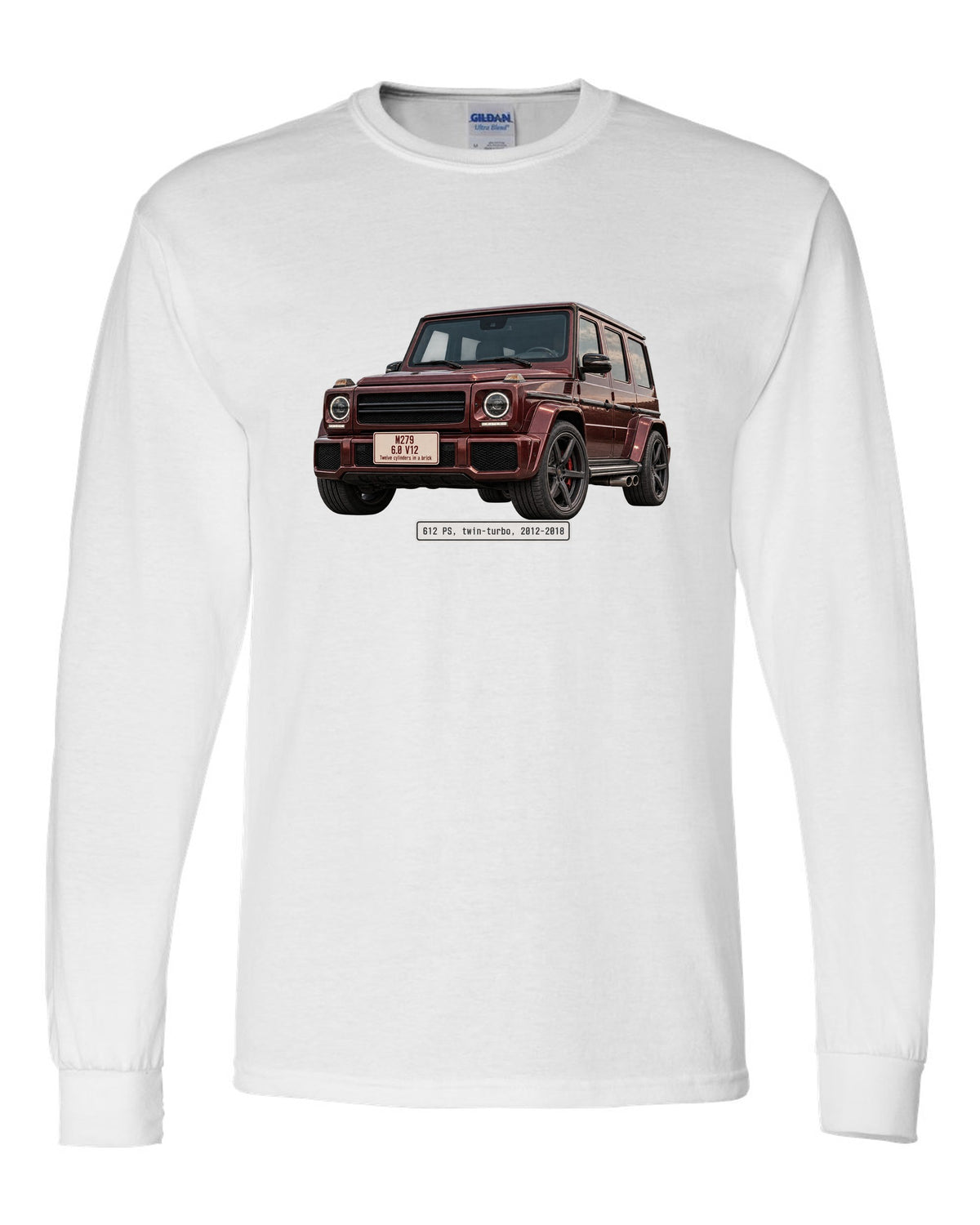 Editorial headline print of a Mercedes-AMG G65 W463 V12 white long sleeve front view with the design