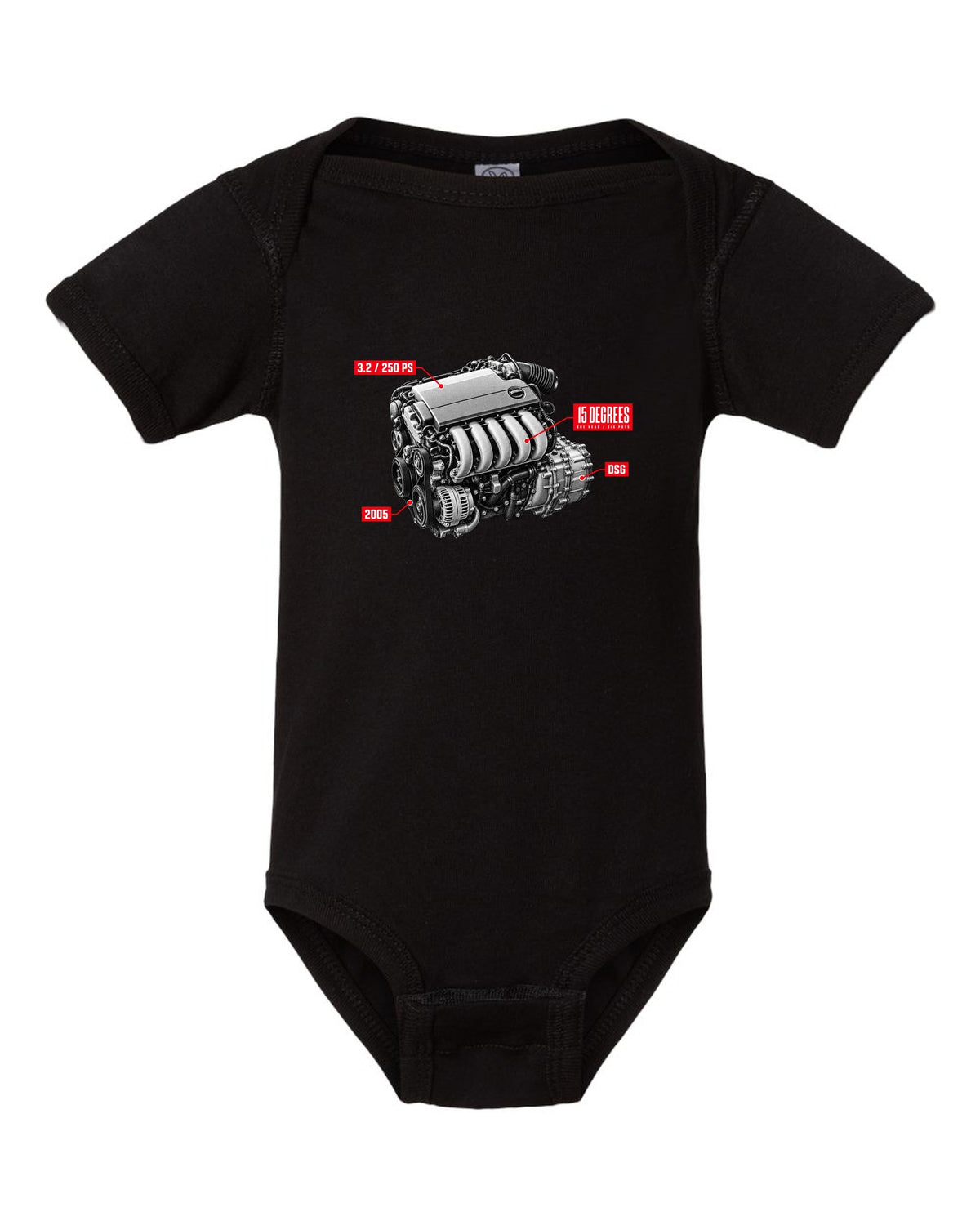 VW Golf R32 Mk5 2005 VR6 engine hero design with 15 degrees one head text black baby onesie front view with the design
