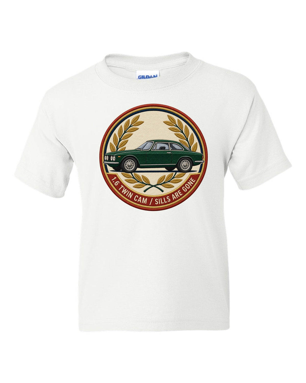Embroidery style varsity crest for an Alfa Romeo Giulia Sprint GT 105 with 1.6 twin cam white kids tee front view with the design