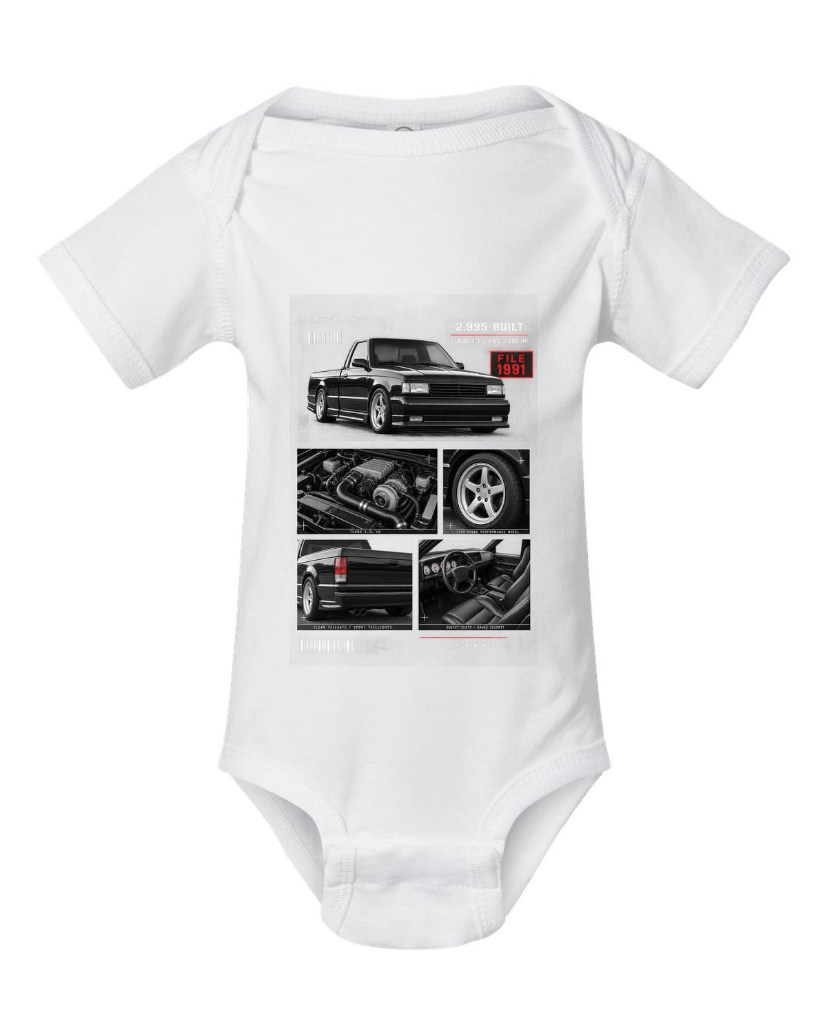 Dossier-style print of a 1991 GMC Syclone with detail panels white baby onesie front view with the design