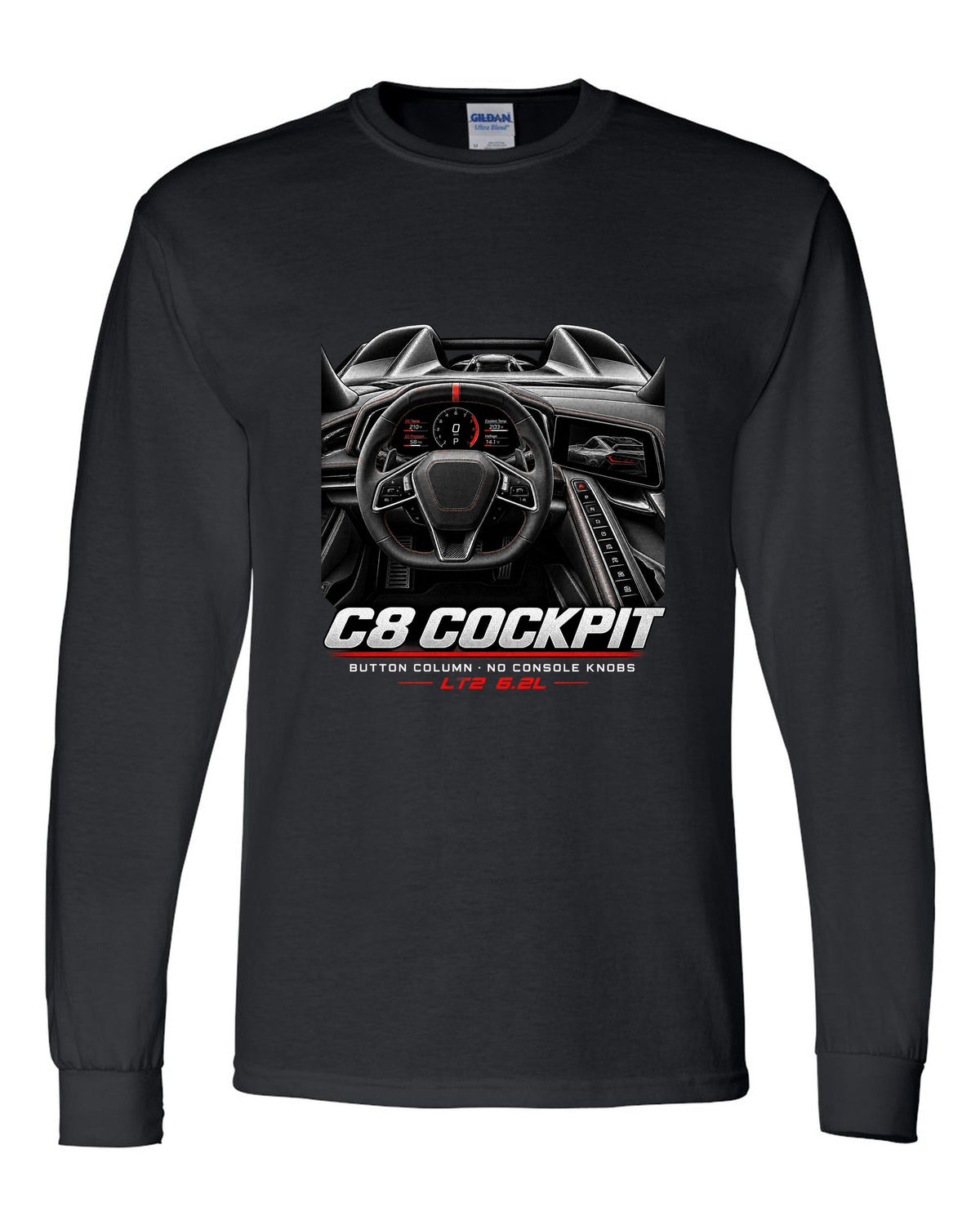 Corvette C8 Stingray 2020 cockpit with button column black long sleeve front view with the design