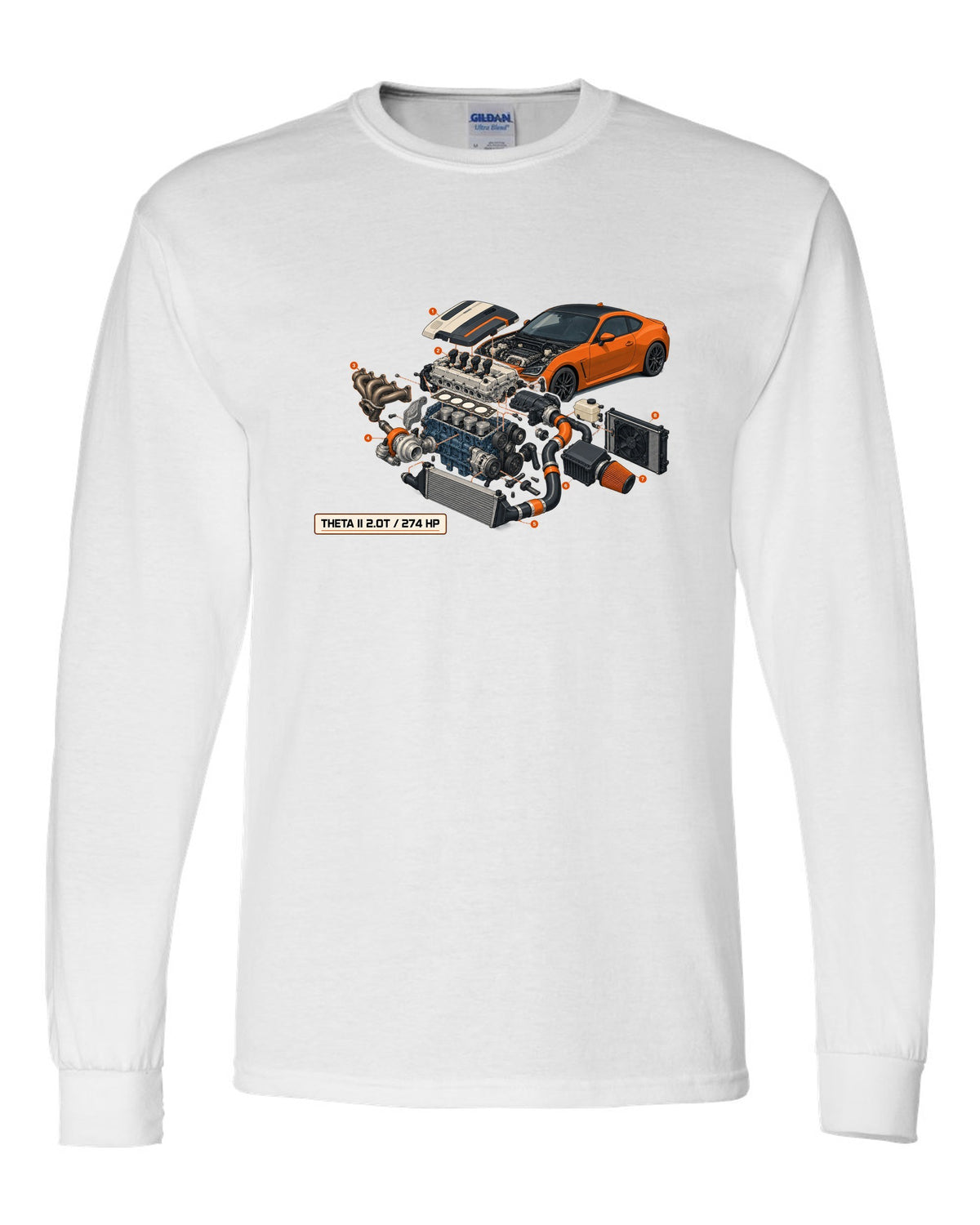 Hyundai Genesis Coupe BK2 isometric exploded cutaway print with Theta II 2.0T and 274 HP white long sleeve front view with the design