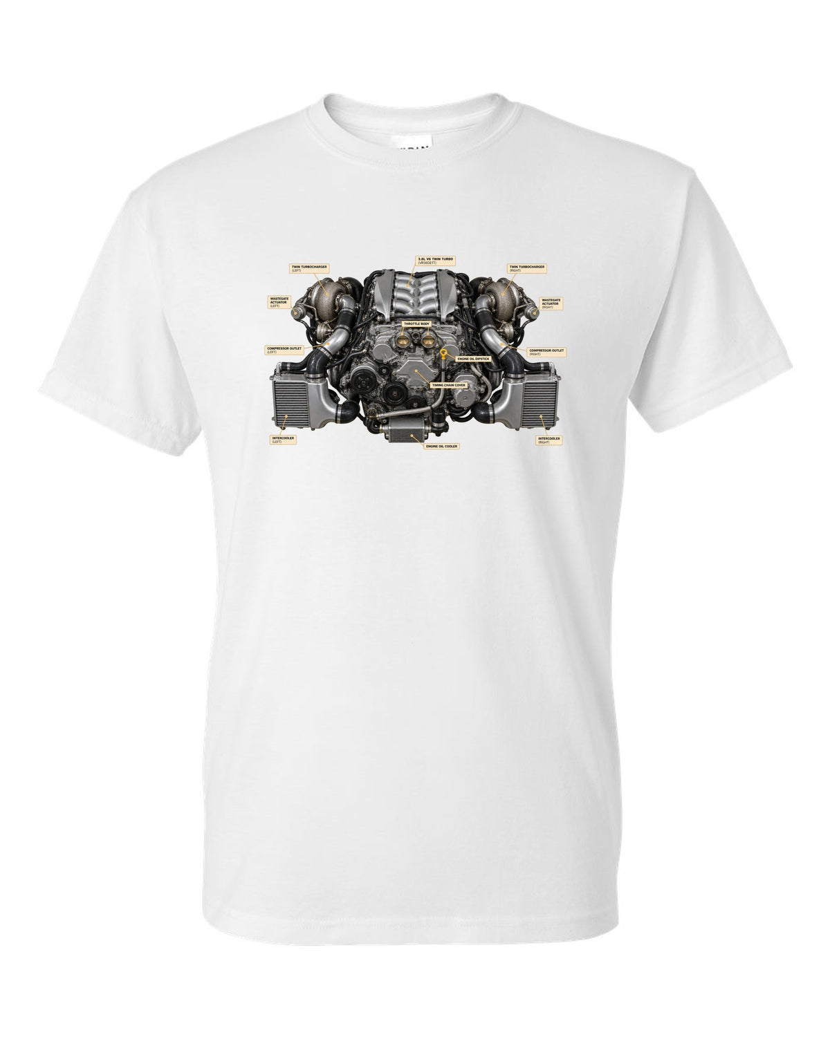 Nissan GT-R R35 2009 Premium dimension blueprint with engine text white t-shirt front view with the design