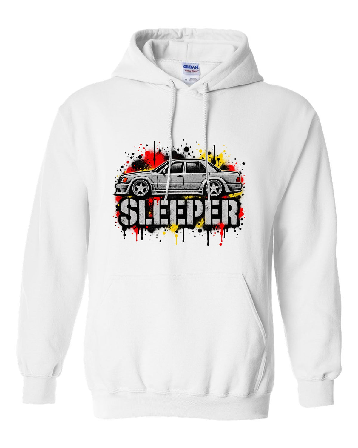 Embroidery-style varsity crest of a Mercedes 300E 5.6 Hammer W124 white pull over hoodie front view with the design