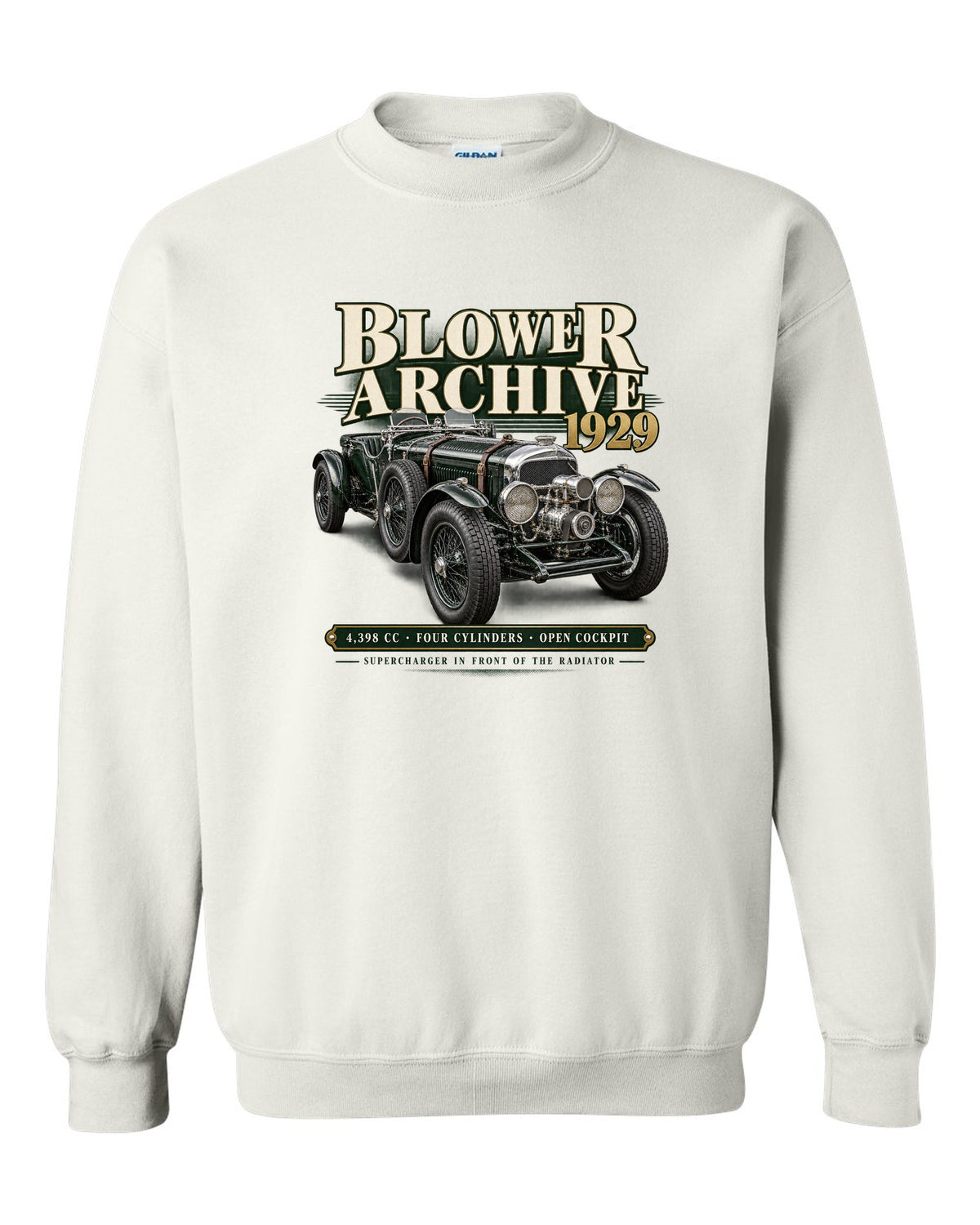 Bentley Blower 1929 archive panel with supercharger detail white crewneck front view with the design