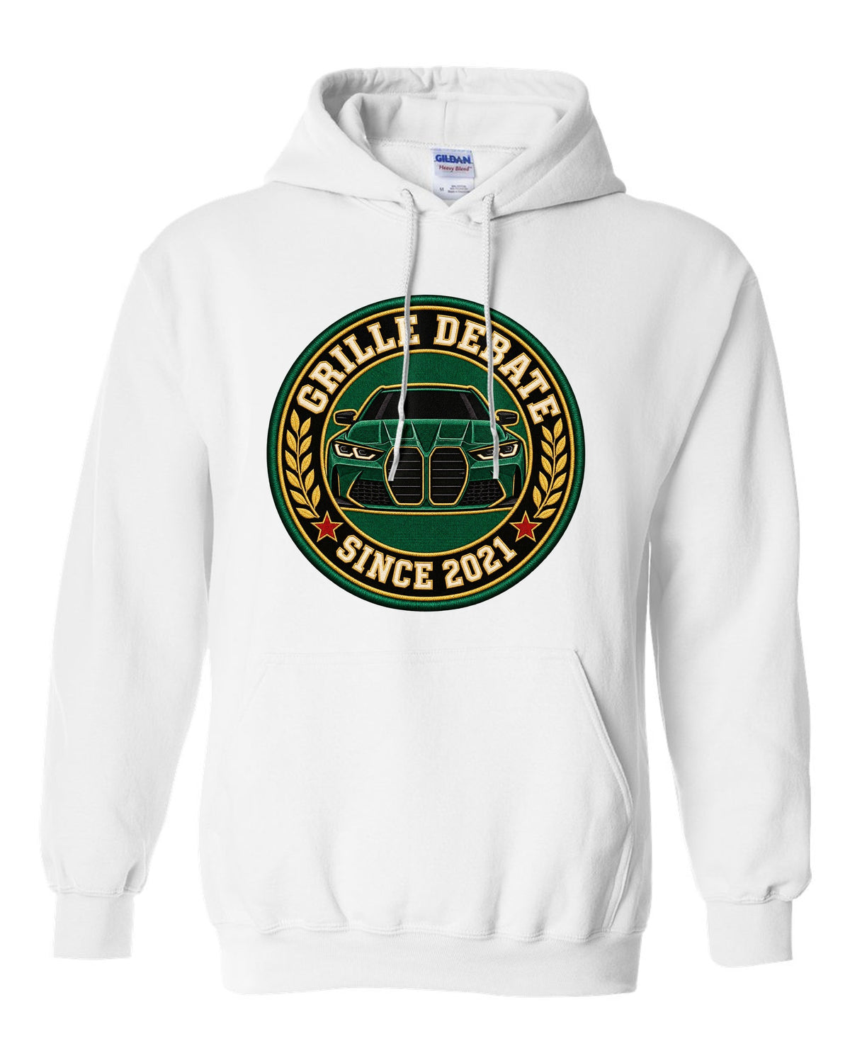 BMW G80 M3 varsity crest print with grille debate since 2021 text white pull over hoodie front view with the design