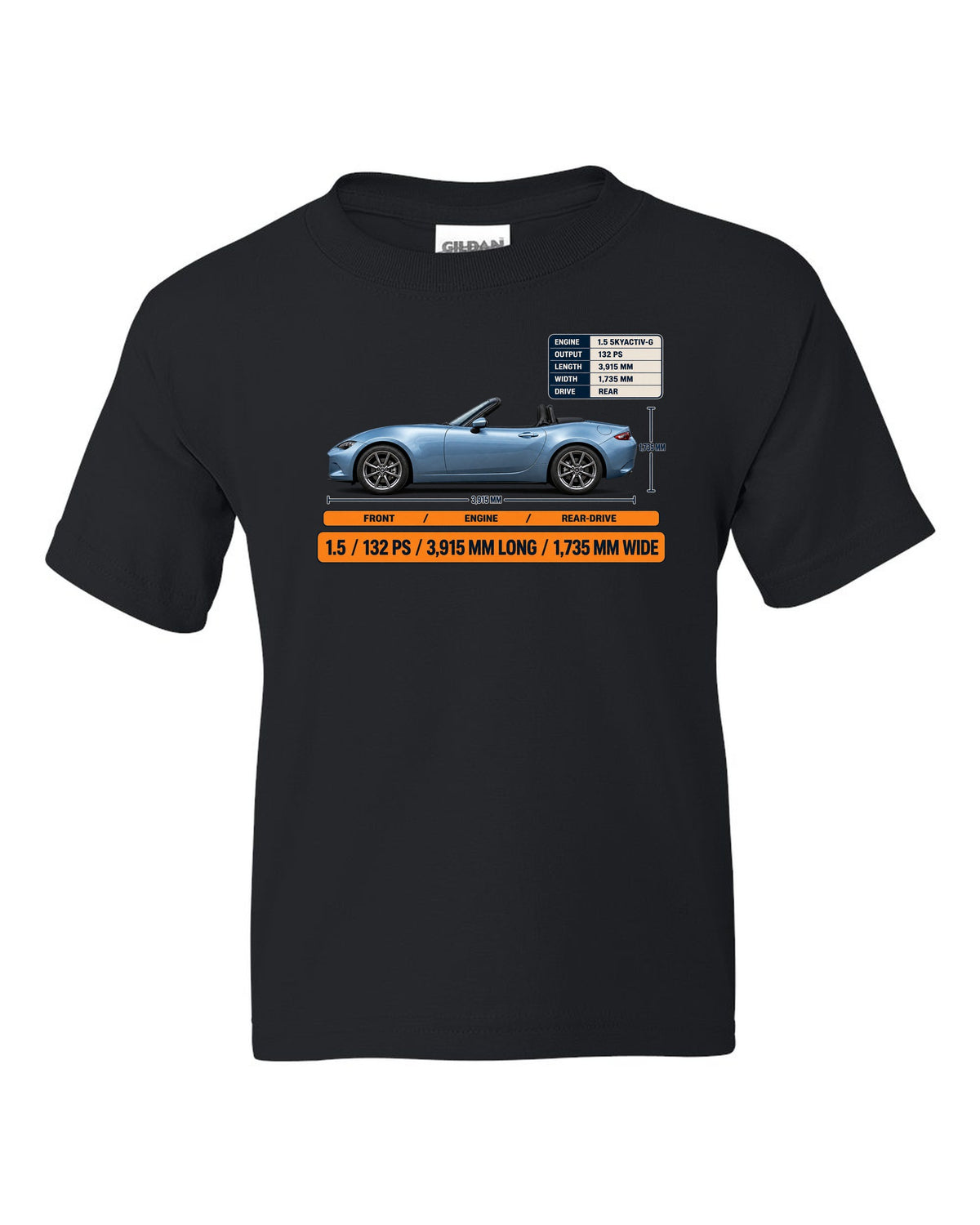 Mazda MX-5 ND 1.5 SKYACTIV-G spec poster print showing power and dimensions black kids tee front view with the design