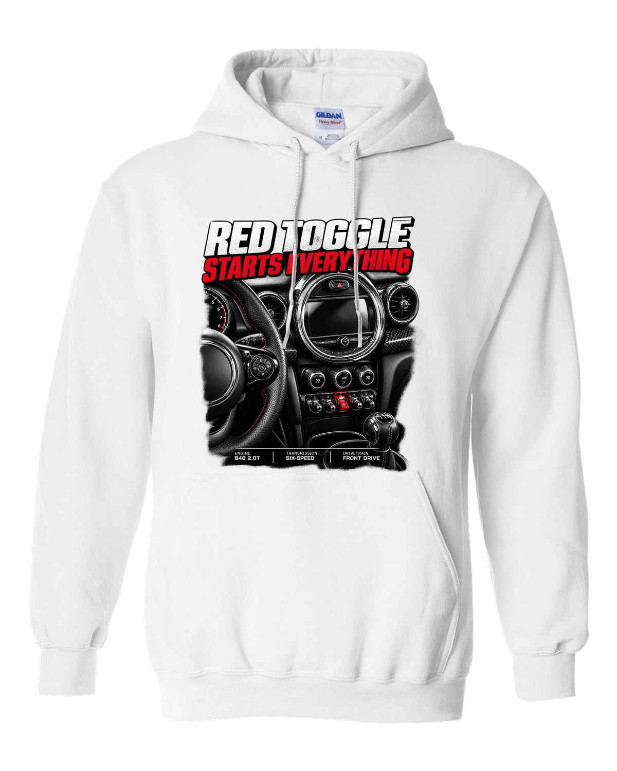 print of the Mini Cooper JCW F56 centre stack with the red toggle switch white pull over hoodie front view with the design
