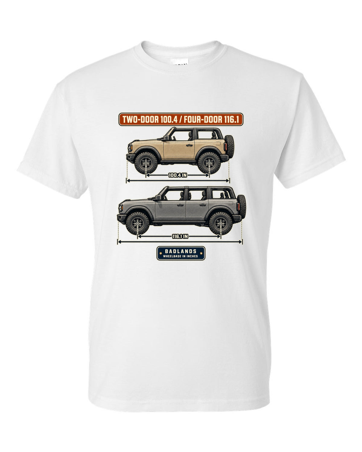 Ford Bronco Badlands two-door and four-door wheelbase blueprint print white t-shirt front view with the design