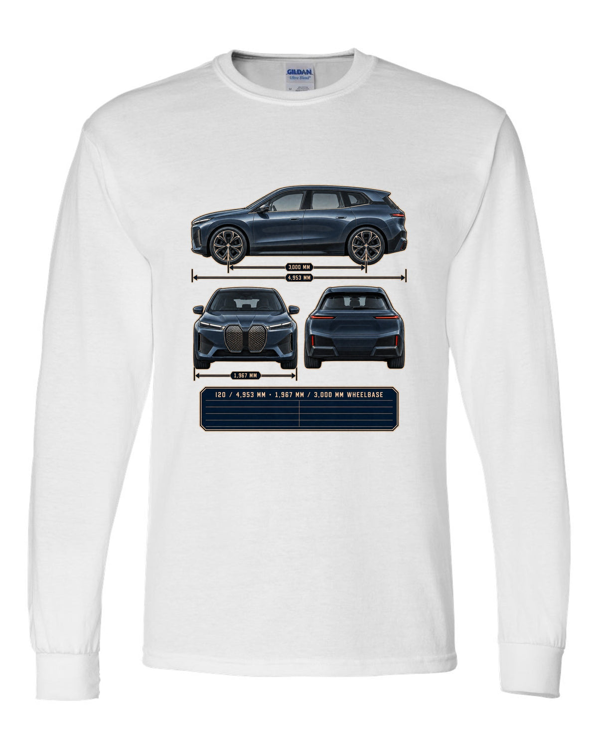 Three-view drawing and spec table print of the BMW iX M60 I20 white long sleeve front view with the design