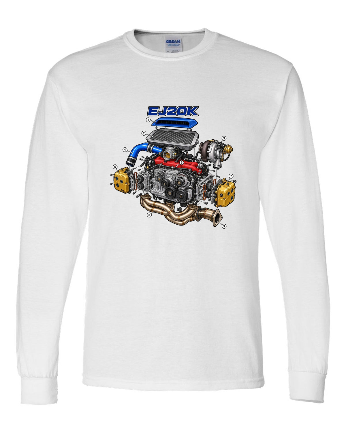 Subaru Impreza WRX GC8 EJ20K boxer engine in an exploded cutaway diagram white long sleeve front view with the design