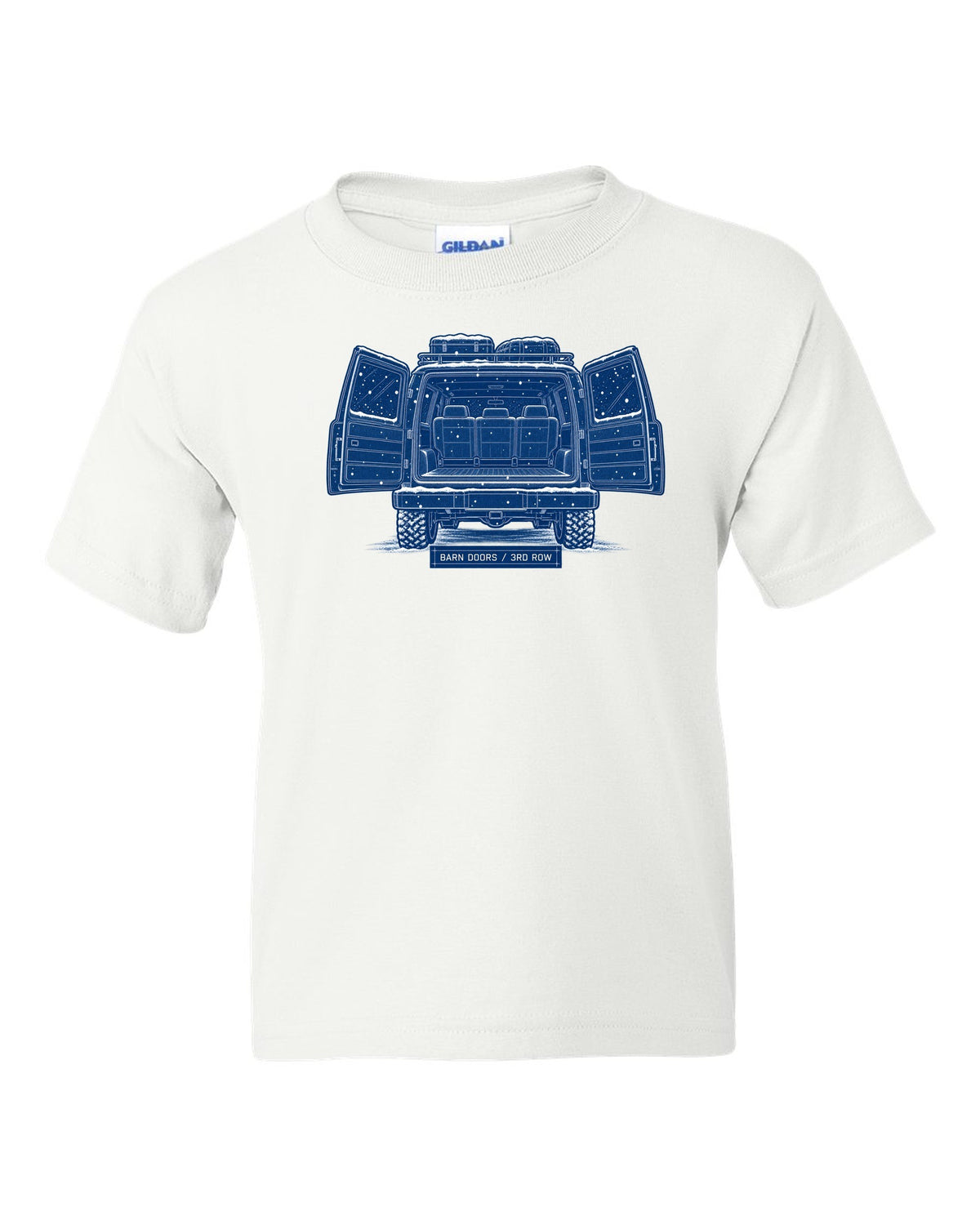 Cyanotype blueprint print of a 1992-1999 Chevrolet Suburban GMT400 with Barn Doors and 3rd Row text white kids tee front view with the design