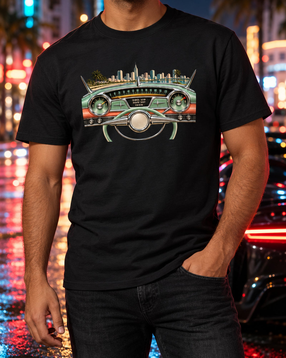 1959 Cadillac Series 62 Dashboard Gauge Graphic Tee T-Shirt Black worn hero