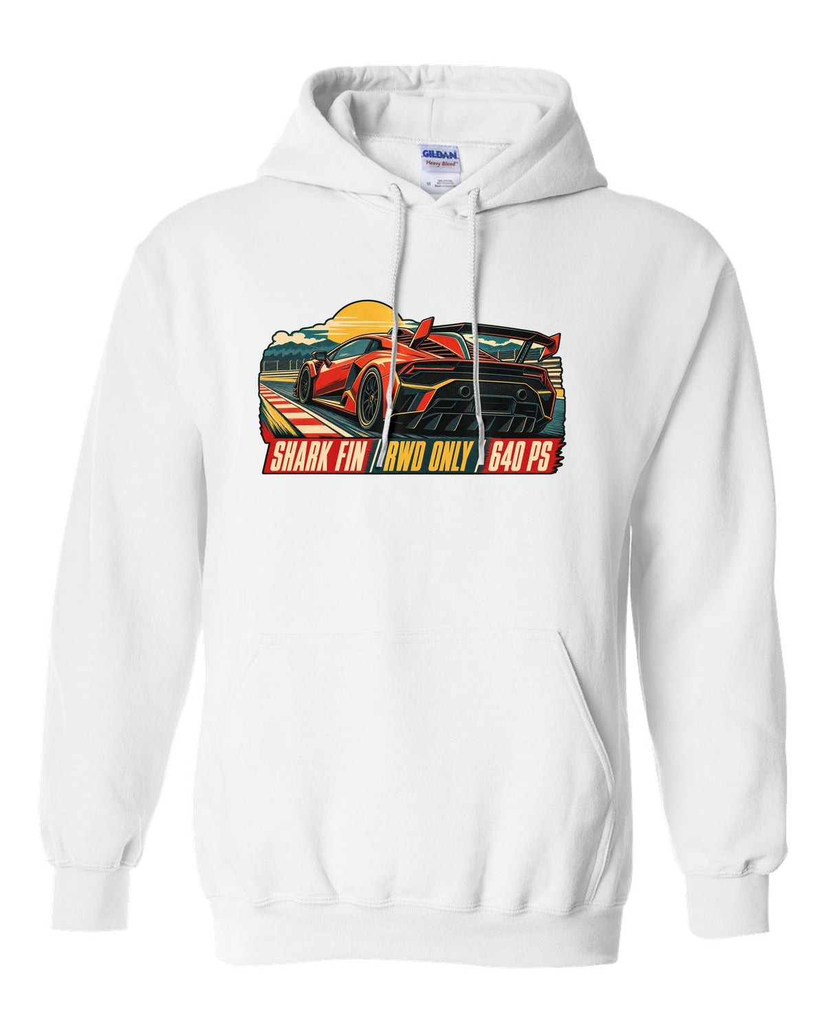 Vintage 1960s lithograph race poster of a Lamborghini Huracan STO LP640-2 with shark fin text white pull over hoodie front view with the design